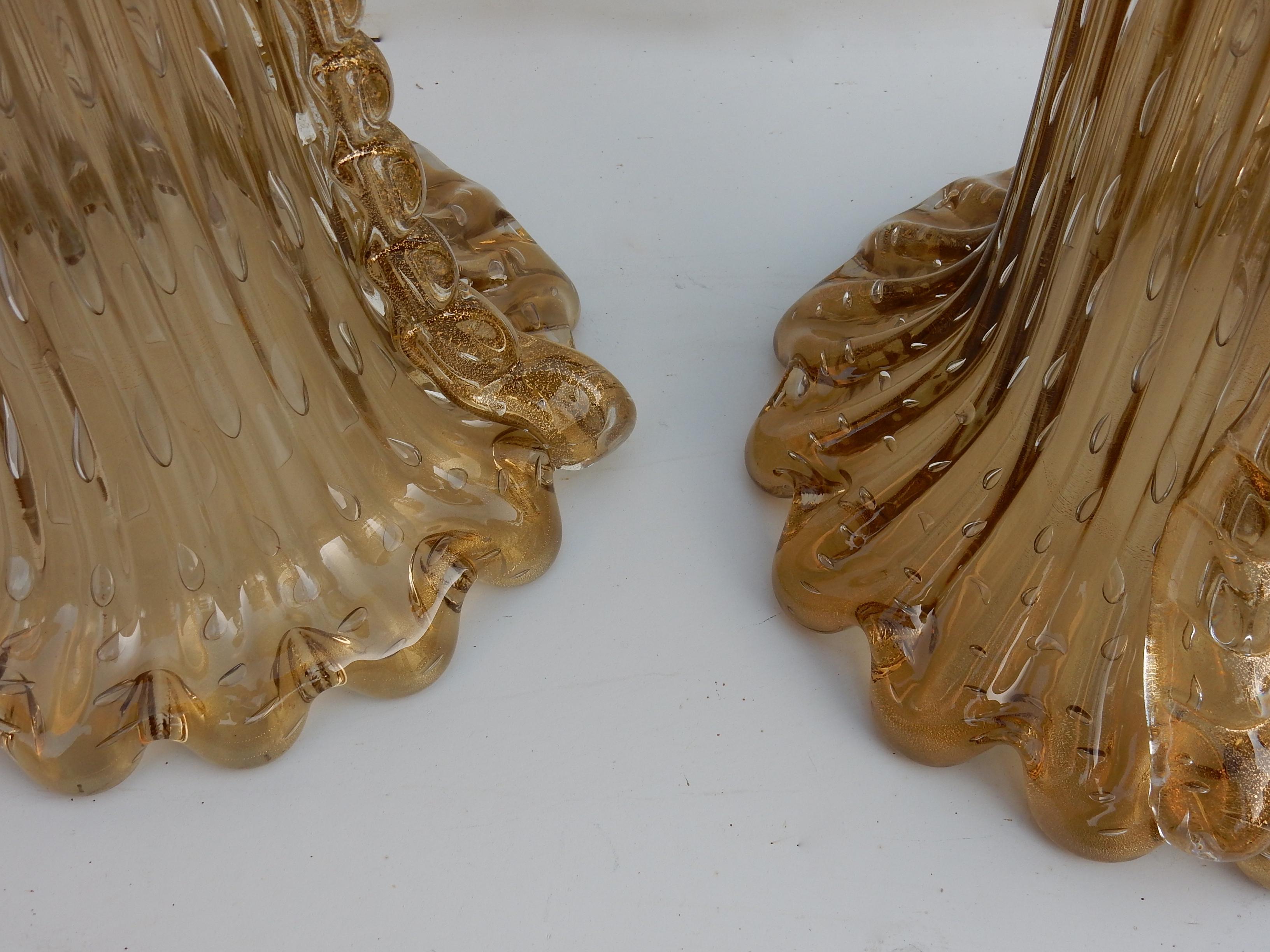 Crystal 1970 Pair of Cristal Murano Amber Vases and Gilded Signed Toso Murano