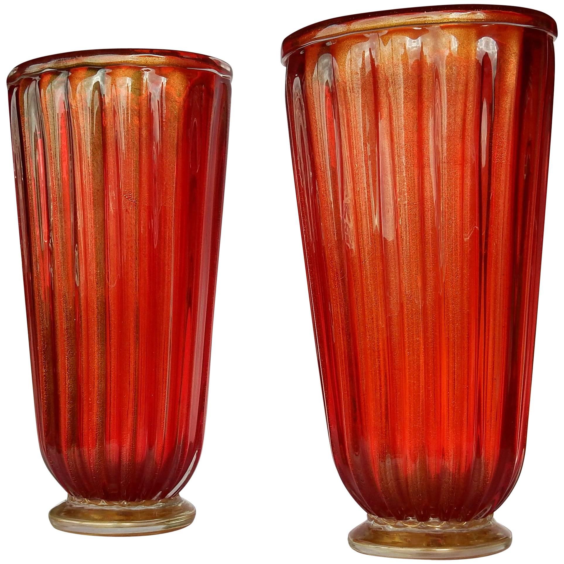 1970
 Pair of Cristal Murano Urns Red and Gold Sign Toso