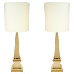 1970 Pair of gilded brass lamps Obelisk model Maison Roche