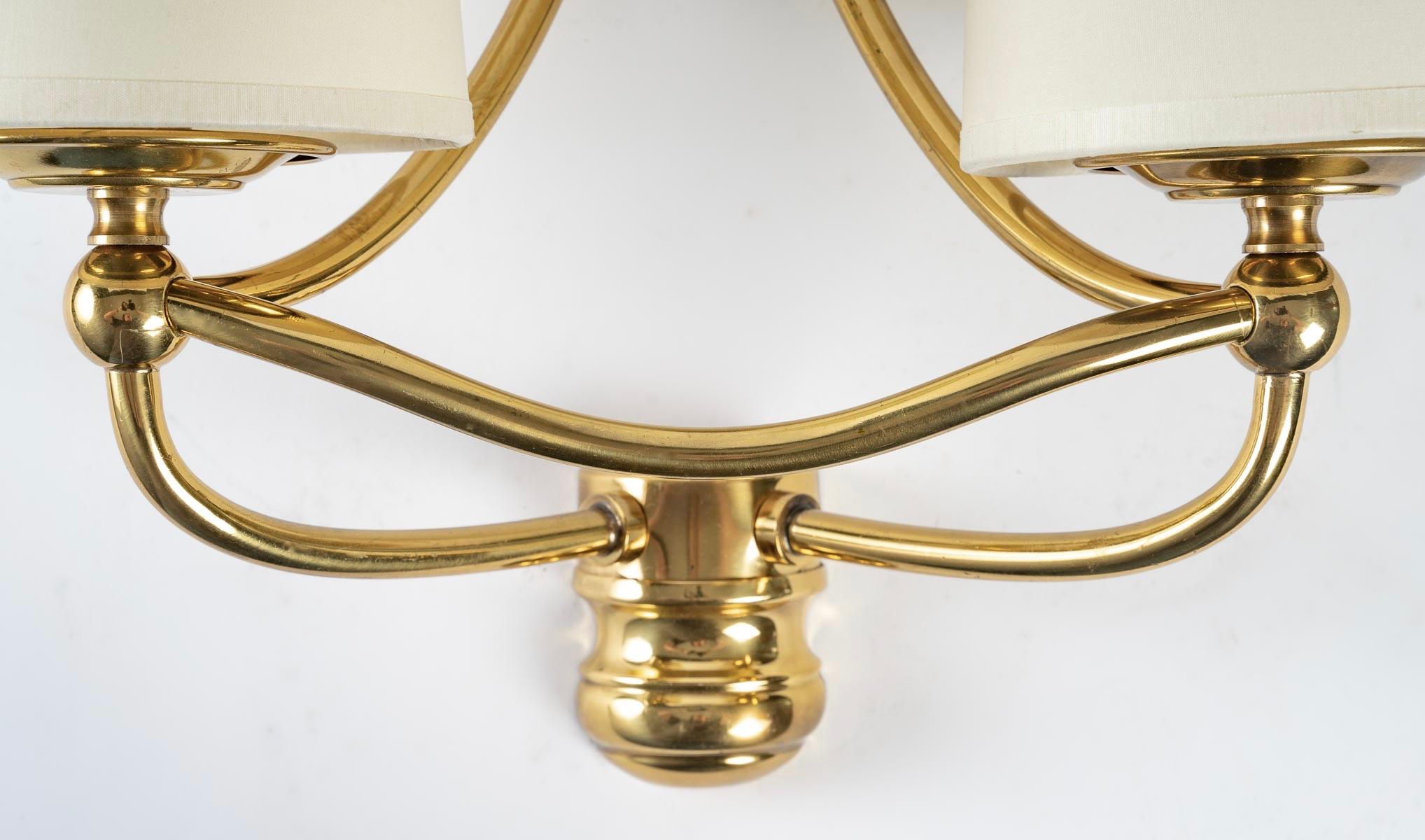 French 1970 Pair of Gilt Brass Sconces by Maison Roche