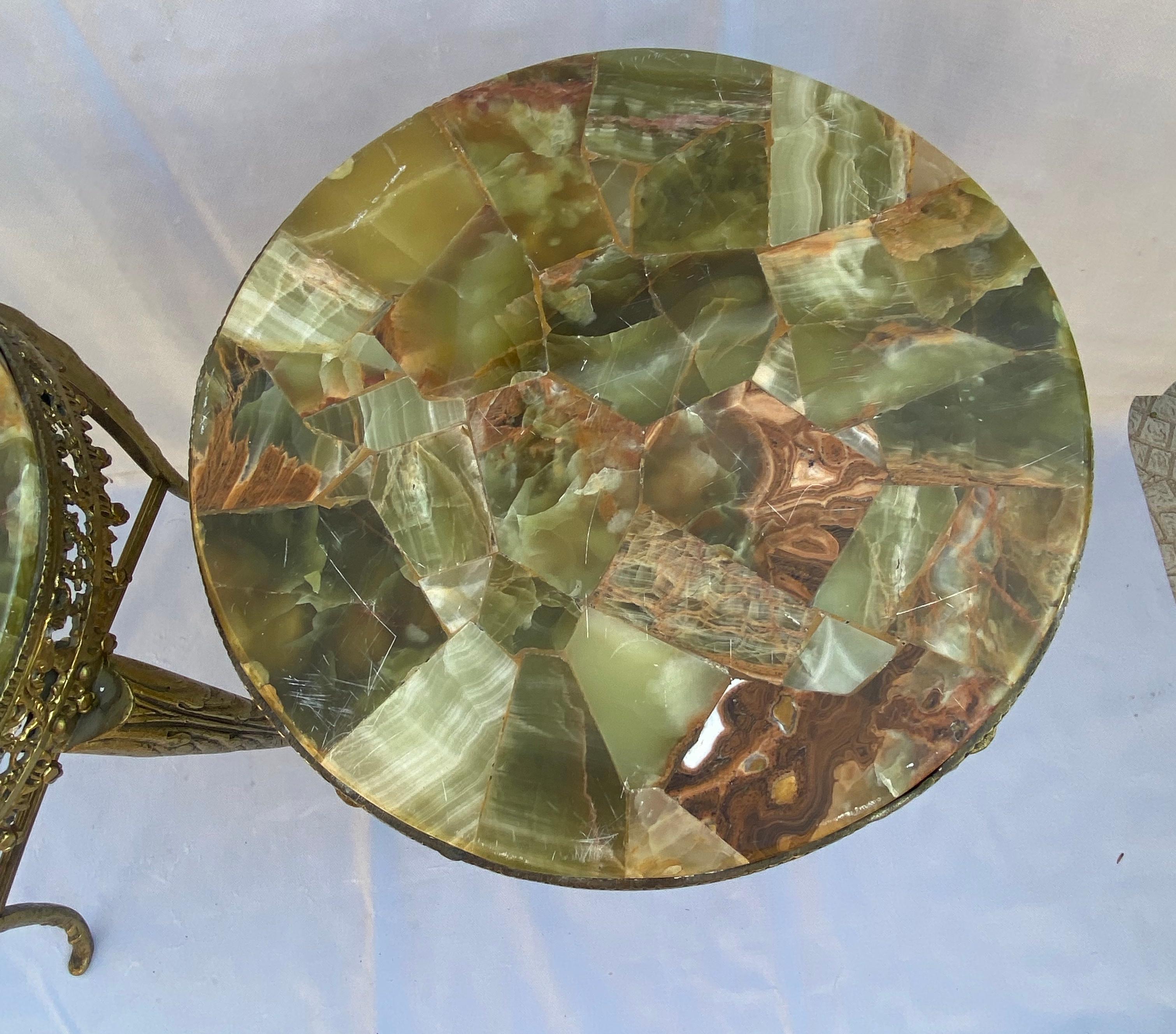 1970′ Pair of Gilt Bronze Stands LXV Style Onyx Marquetry Trays For Sale 4