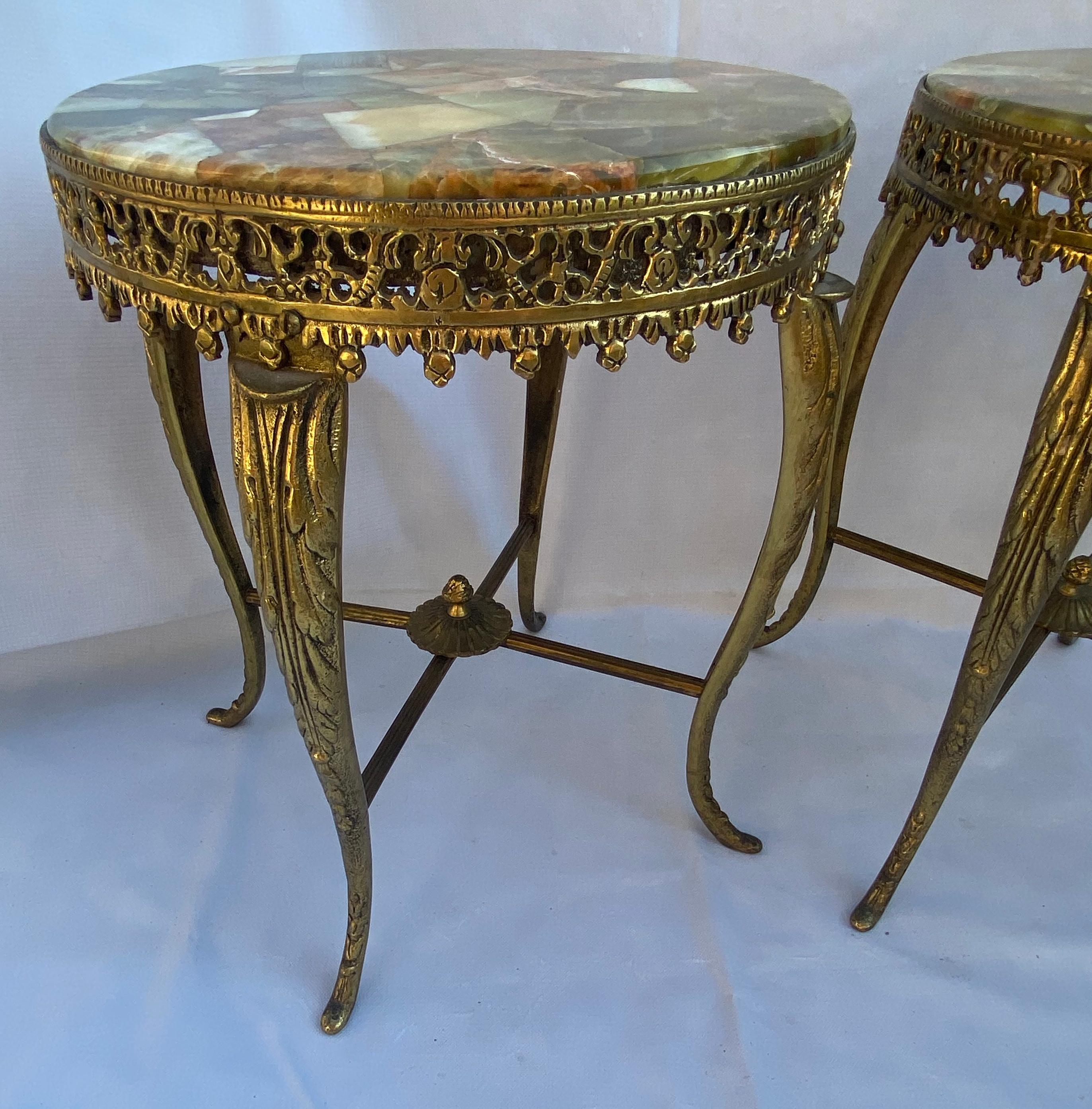 Late 20th Century 1970′ Pair of Gilt Bronze Stands LXV Style Onyx Marquetry Trays For Sale