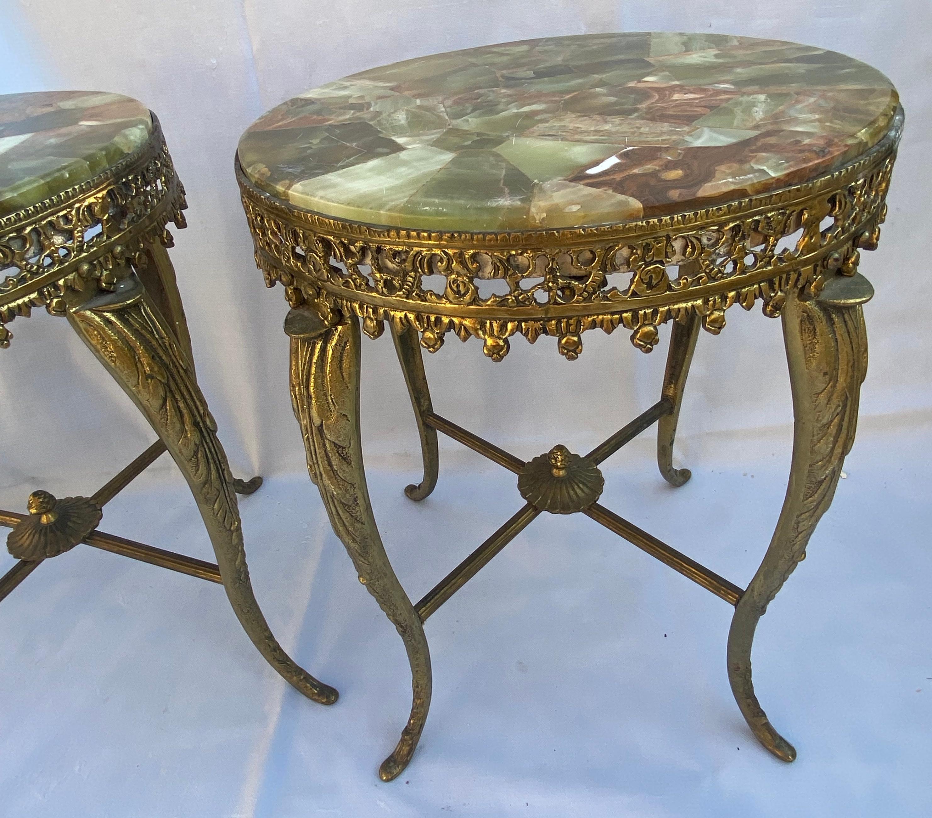 1970′ Pair of Gilt Bronze Stands LXV Style Onyx Marquetry Trays For Sale 1