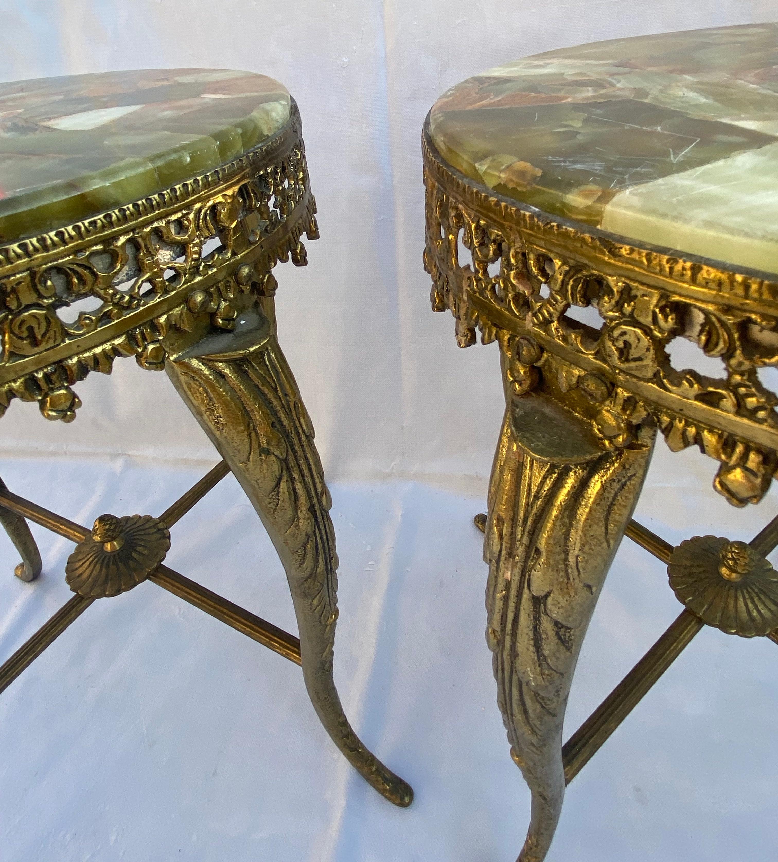 1970′ Pair of Gilt Bronze Stands LXV Style Onyx Marquetry Trays For Sale 2