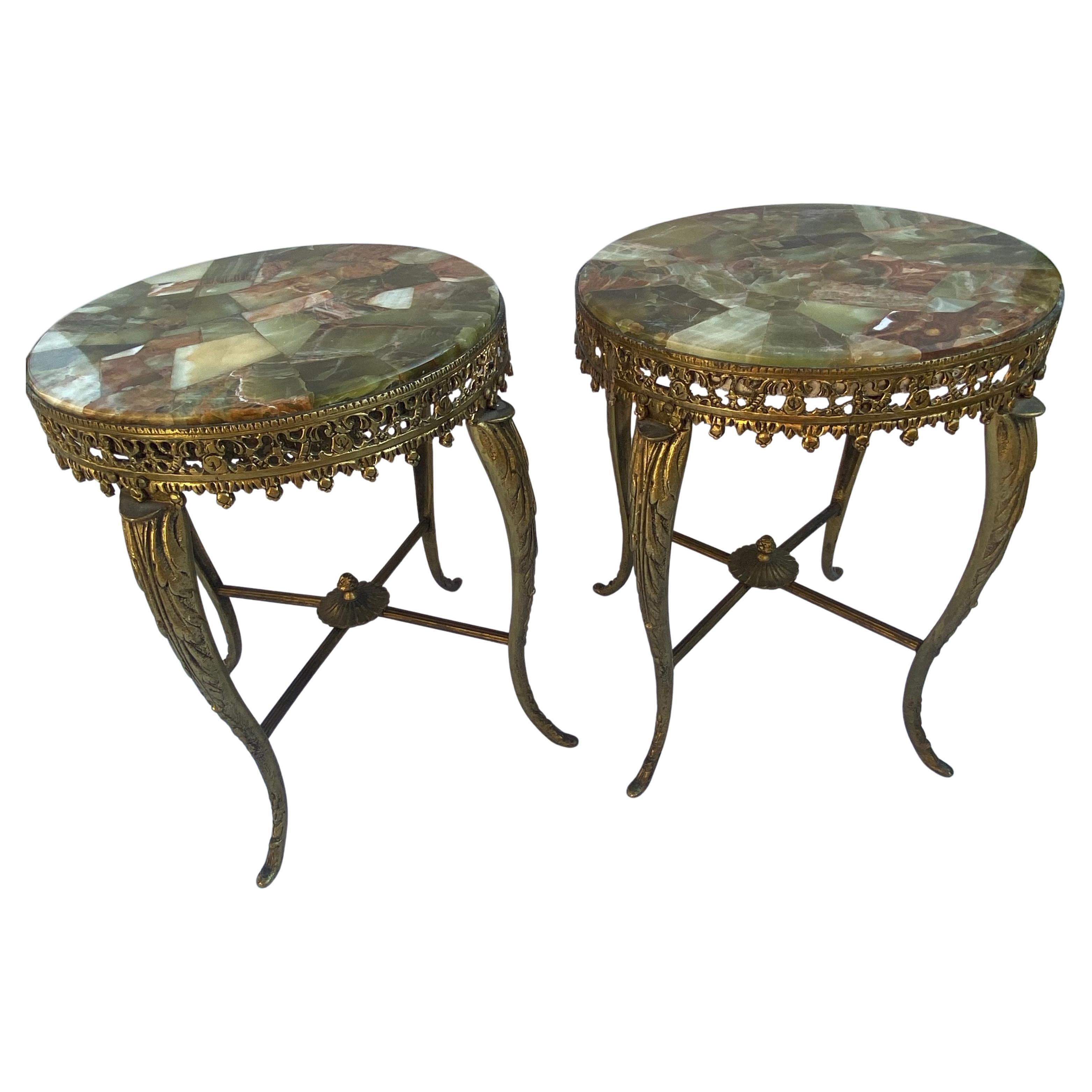 1970′ Pair of Gilt Bronze Stands LXV Style Onyx Marquetry Trays For Sale