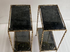 1970 ′ Pair of Gilt Bronze Tables Bamboo Decor Maison Baguès , Olded Mirror Tops