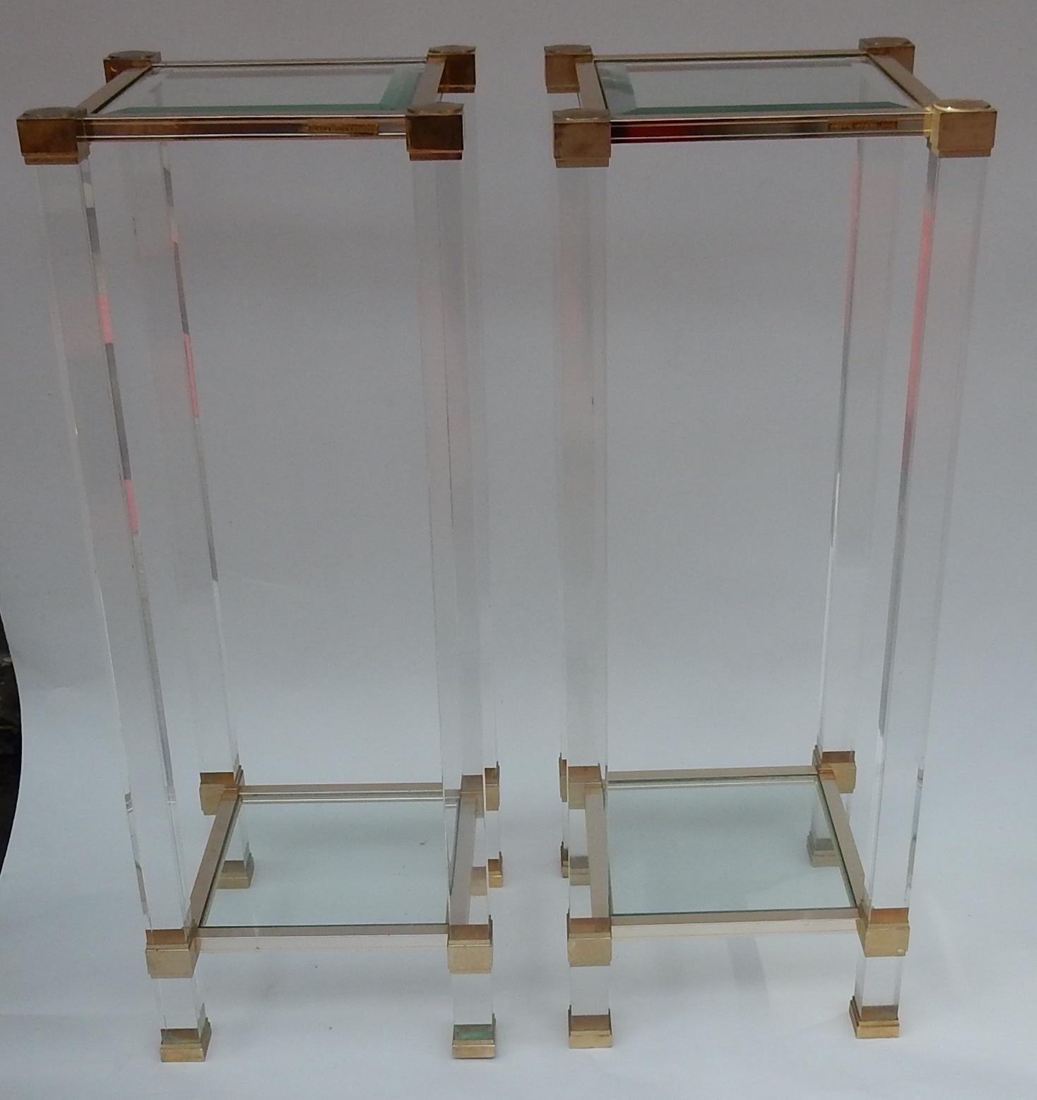 Gilt 1970 Pair of Hight Stool in Lucite Signed Pierre Vandel Paris