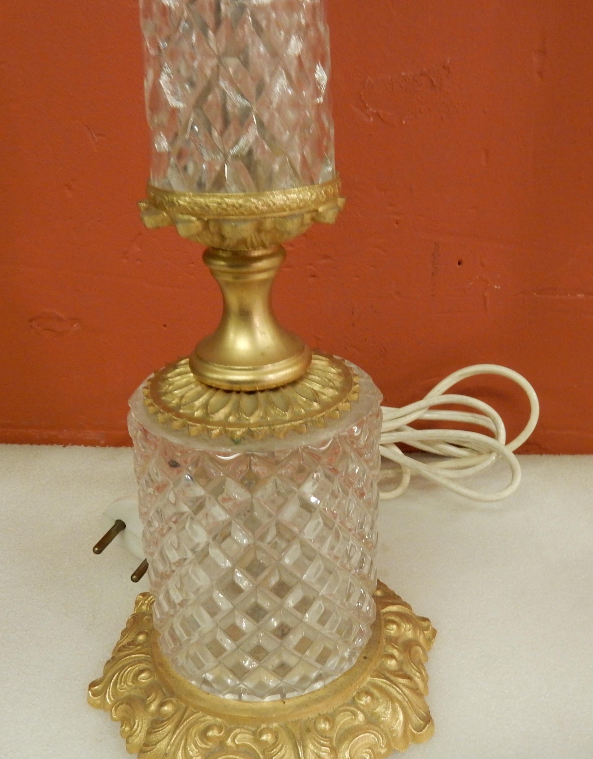 French 1970 Pair of Lamps in Glass or Crystal and Gilt Bronze