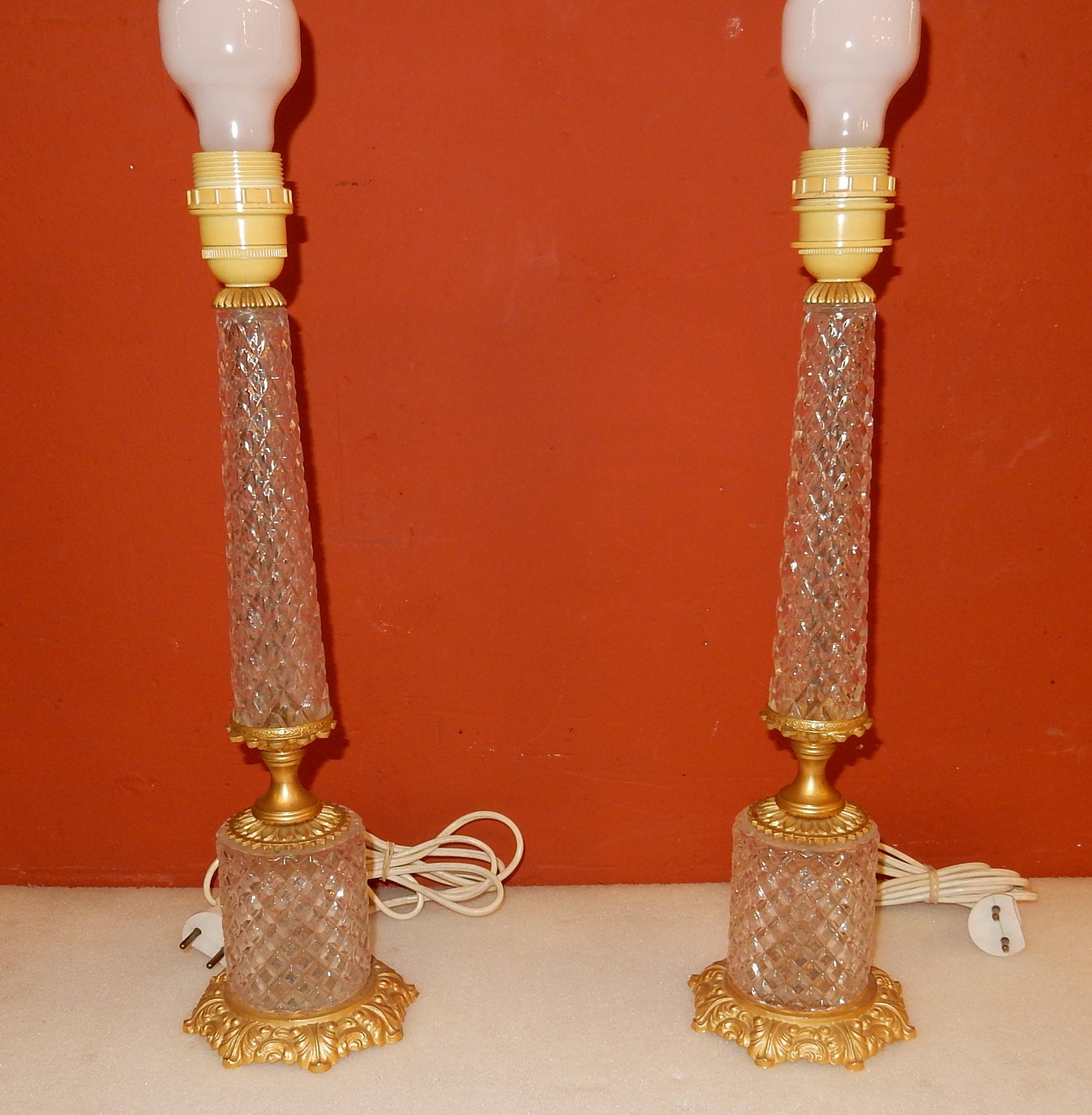 Mid-20th Century 1970 Pair of Lamps in Glass or Crystal and Gilt Bronze