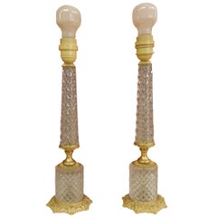 1970 Pair of Lamps in Glass or Crystal and Gilt Bronze