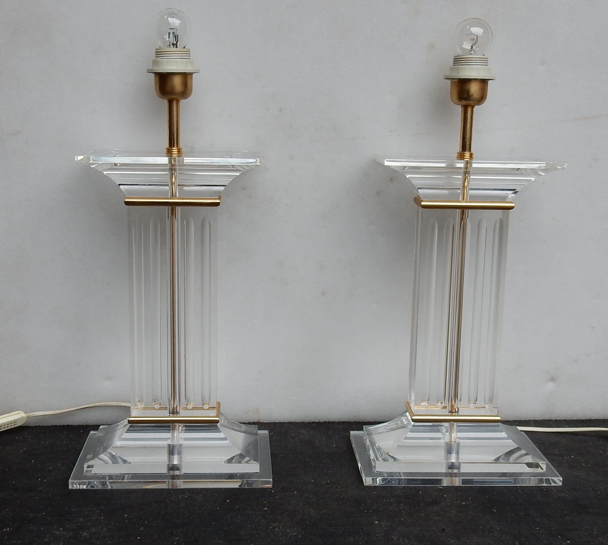 Polished 1970 Pair of Lamps in Lucite Columns Deco For Sale