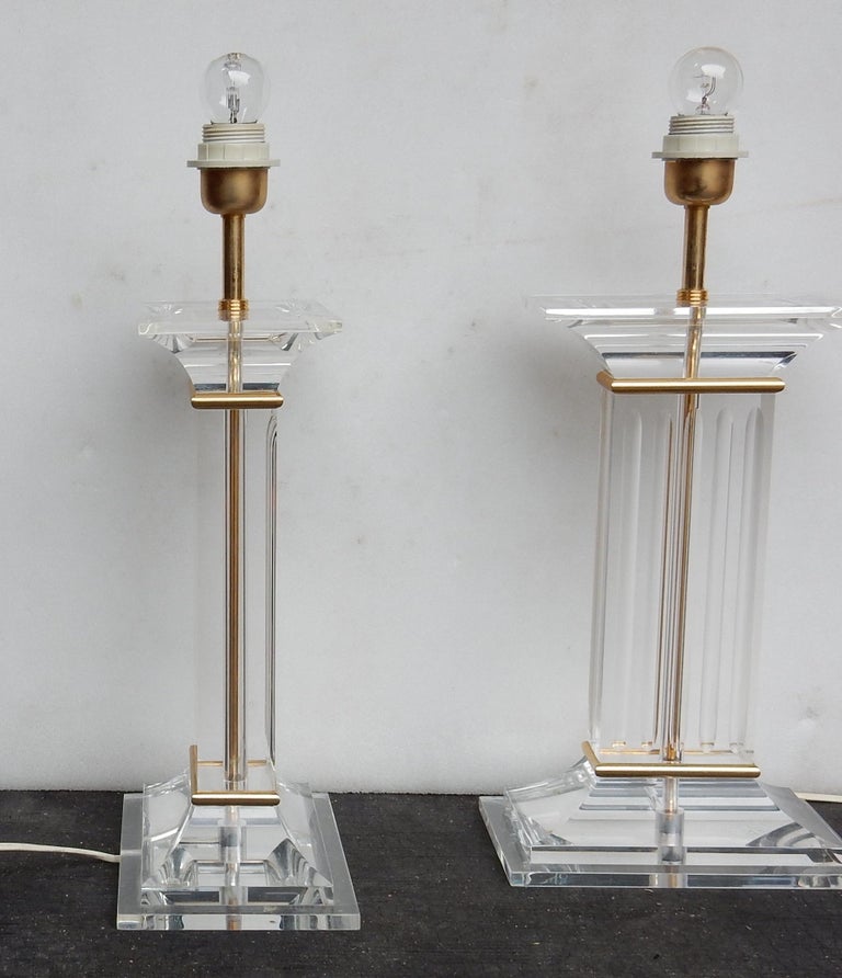 1970 Pair of Lamps in Lucite Columns Deco For Sale at 1stDibs