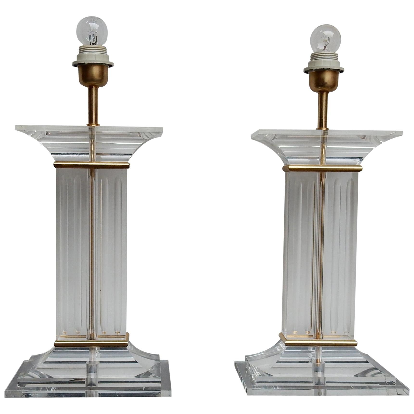 1970 Pair of Lamps in Lucite Columns Deco For Sale