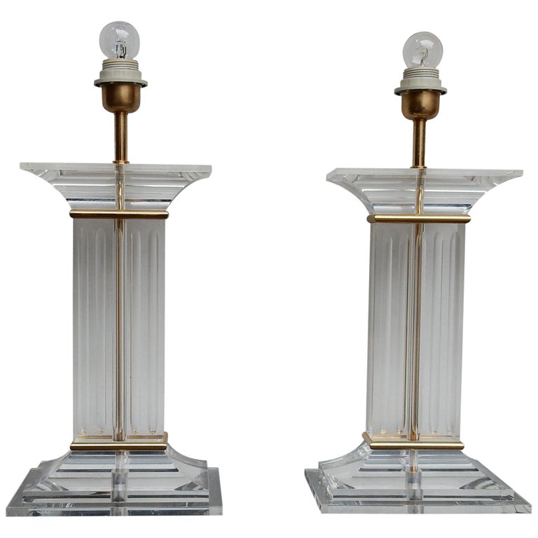 1970 Pair of Lamps in Lucite Columns Deco For Sale at 1stDibs