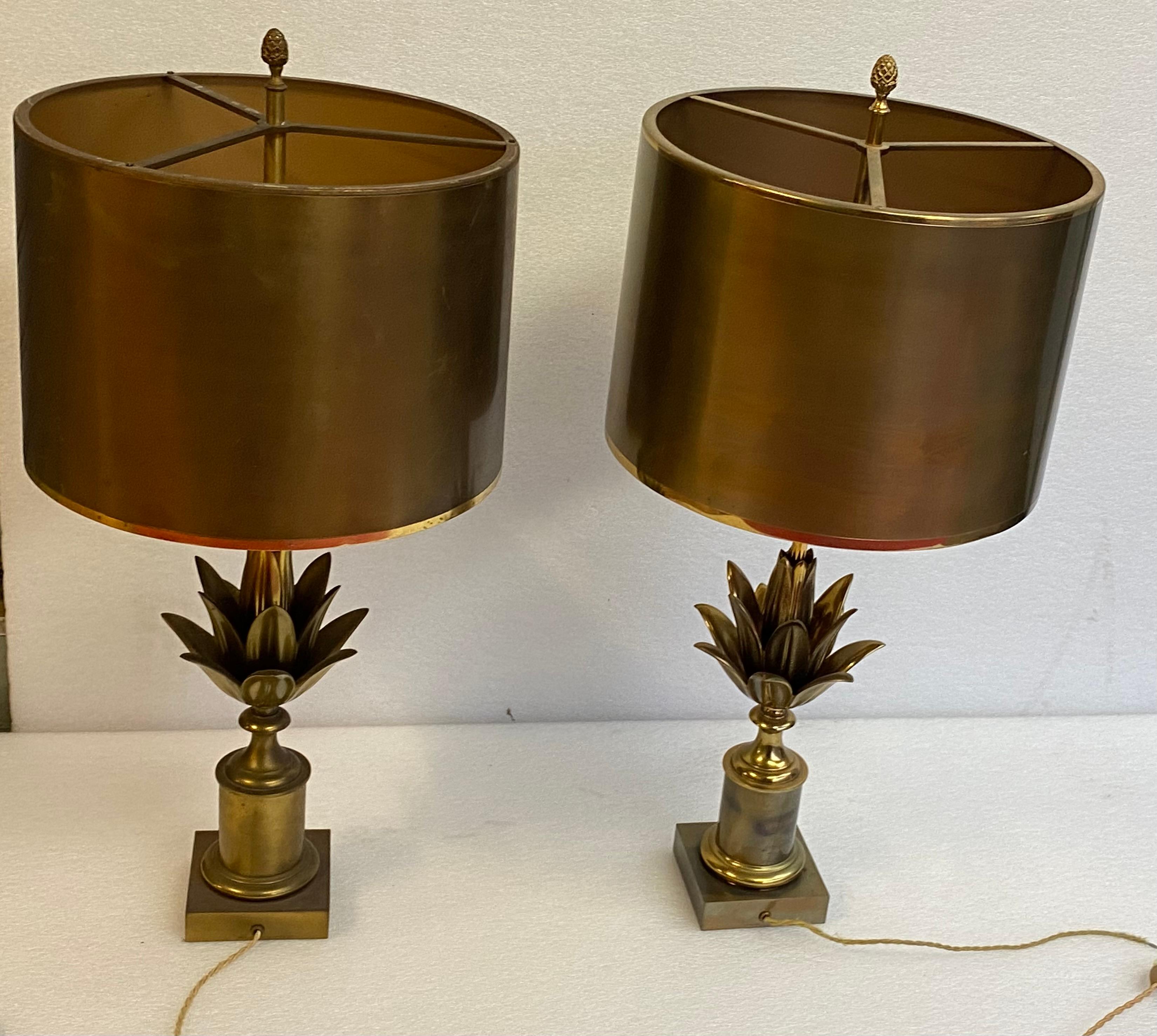1970′ Pair Of Lamps Or Similar In Bronze Signed Charles Lotus Flower Model 3