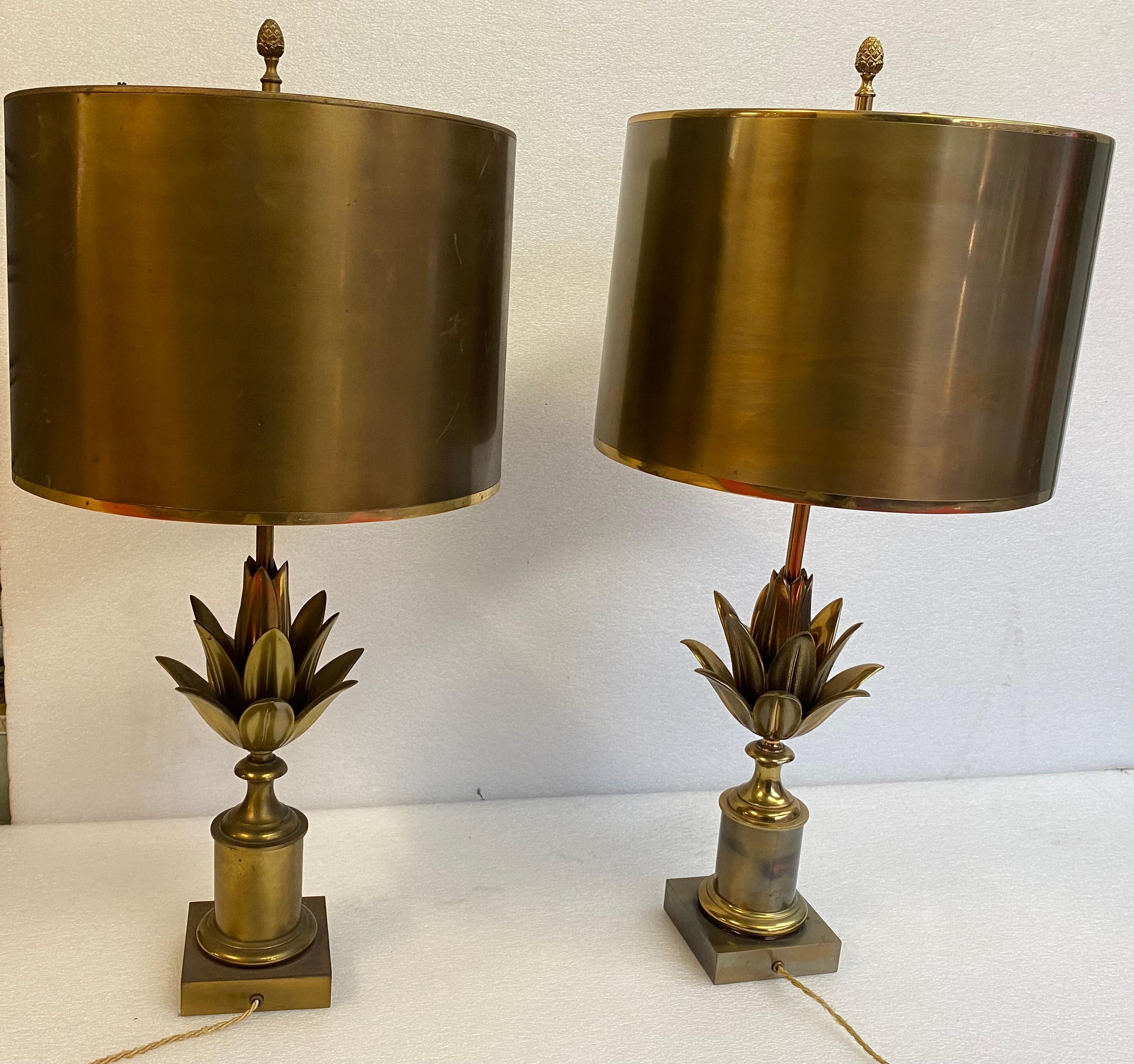 Art Deco 1970′ Pair Of Lamps Or Similar In Bronze Signed Charles Lotus Flower Model