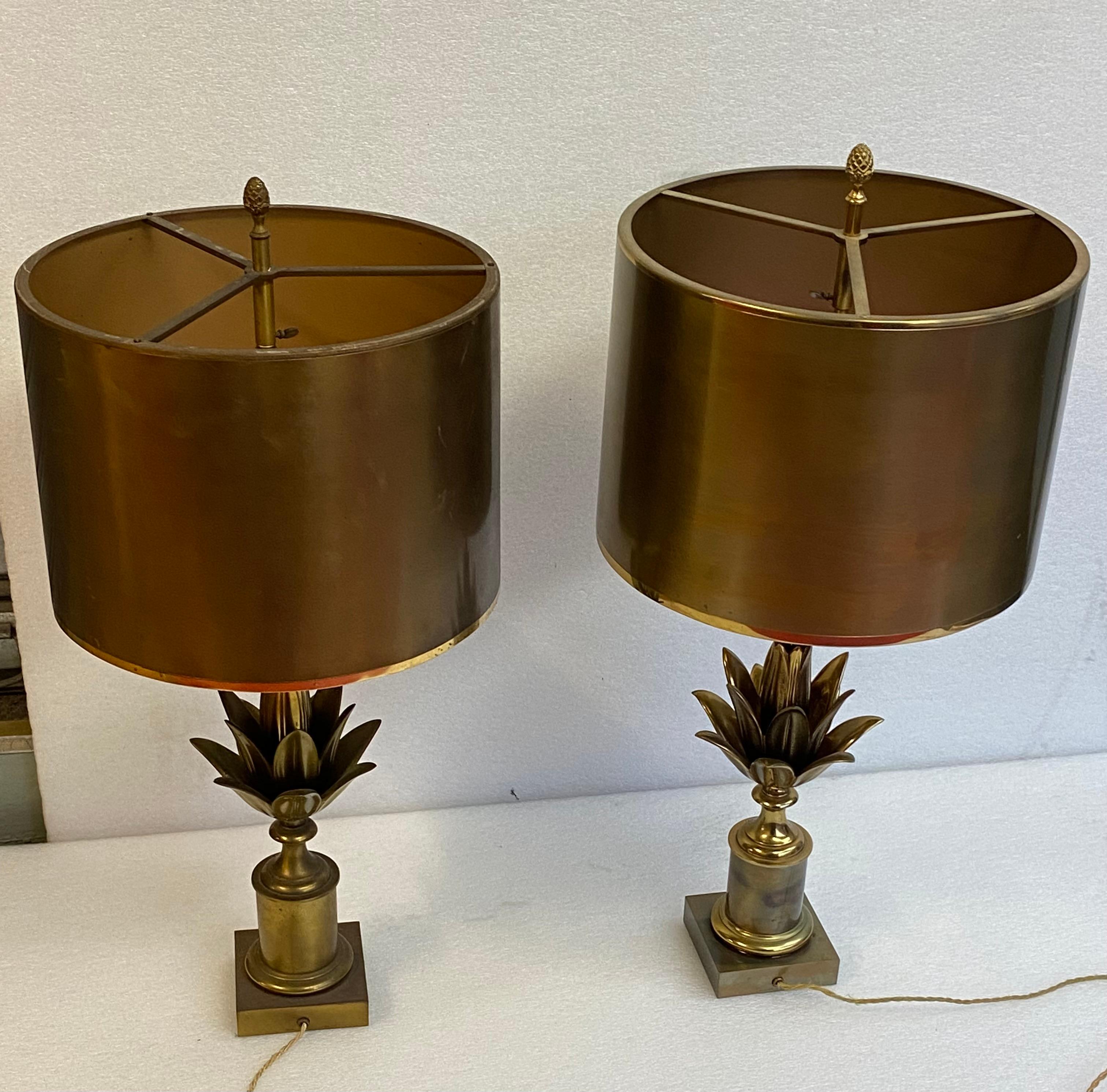 1970′ Pair Of Lamps Or Similar In Bronze Signed Charles Lotus Flower Model 2