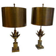 1970′ Pair Of Lamps Or Similar In Bronze Signed Charles Lotus Flower Model