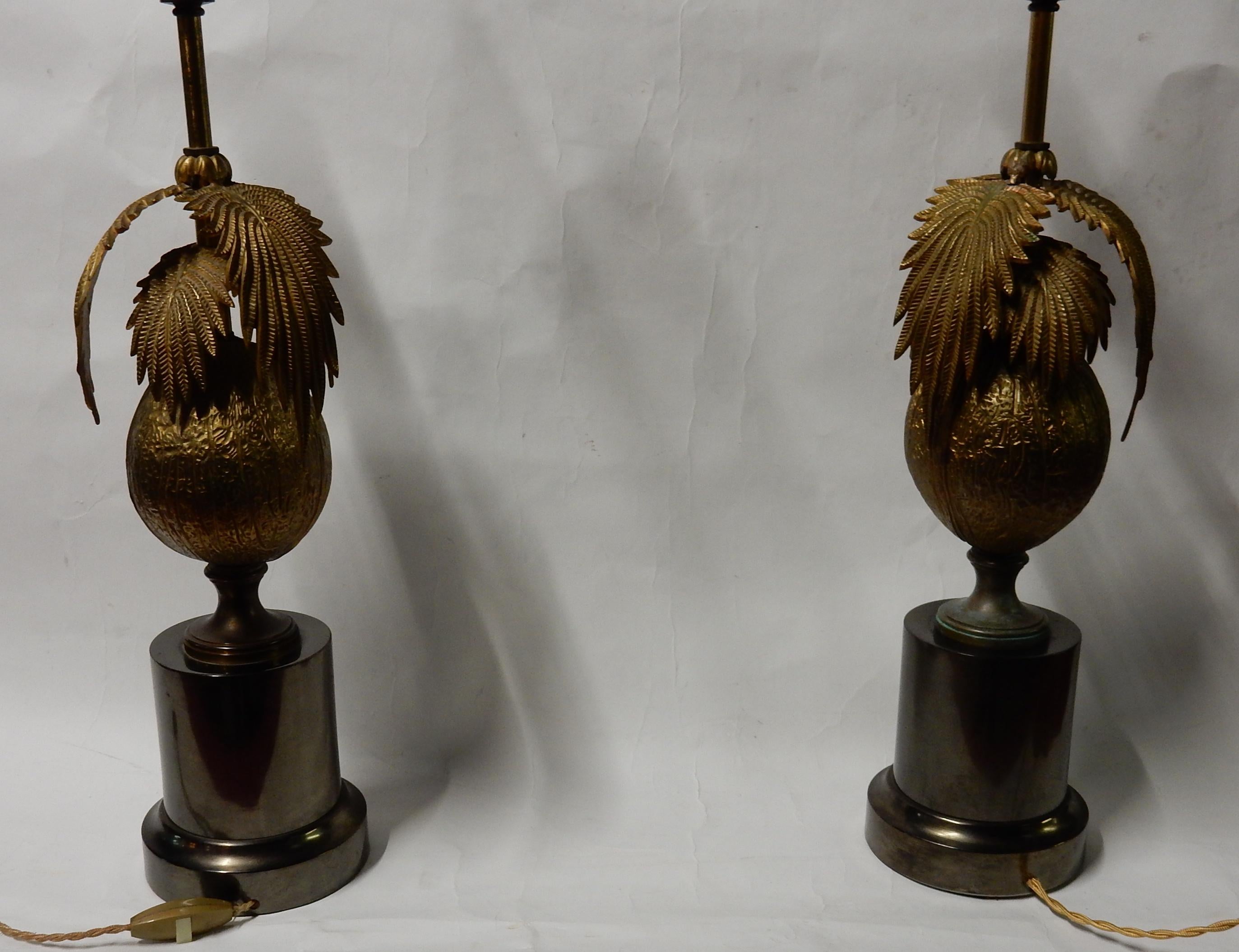 French 1970 Pair of Lamps Palm or Coconut Tree with Coconut Style Jansen or Charles For Sale