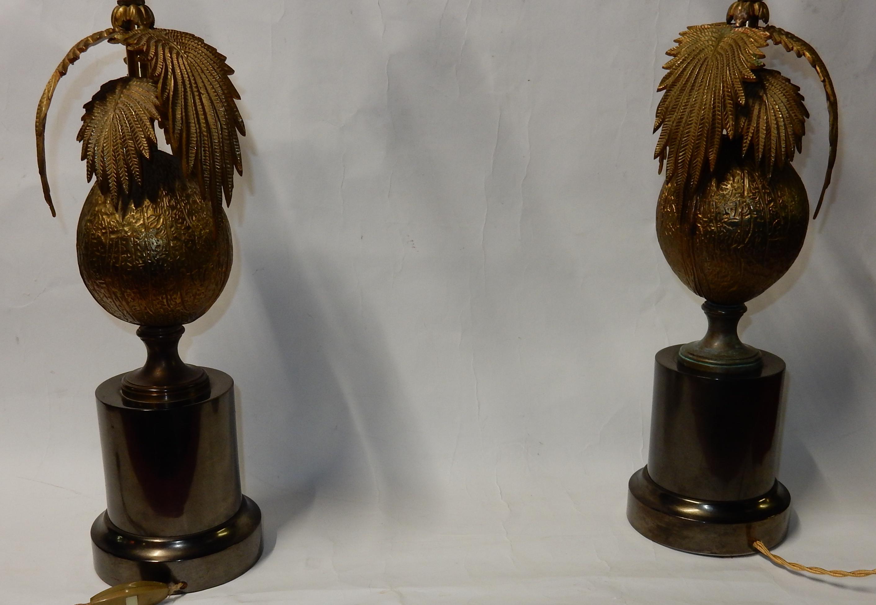Silvered 1970 Pair of Lamps Palm or Coconut Tree with Coconut Style Jansen or Charles For Sale