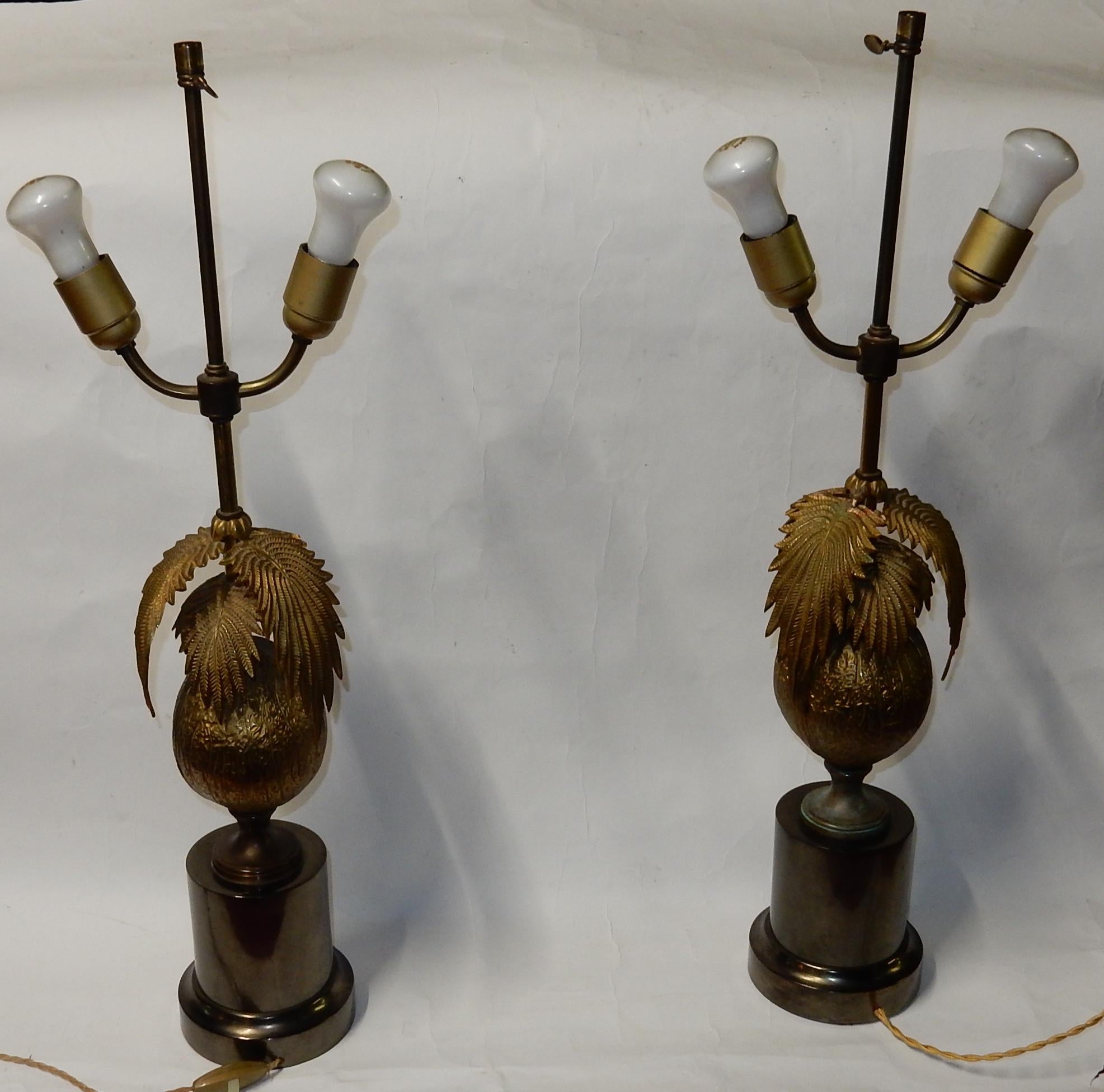 1970 Pair of Lamps Palm or Coconut Tree with Coconut Style Jansen or Charles In Good Condition For Sale In Paris, FR