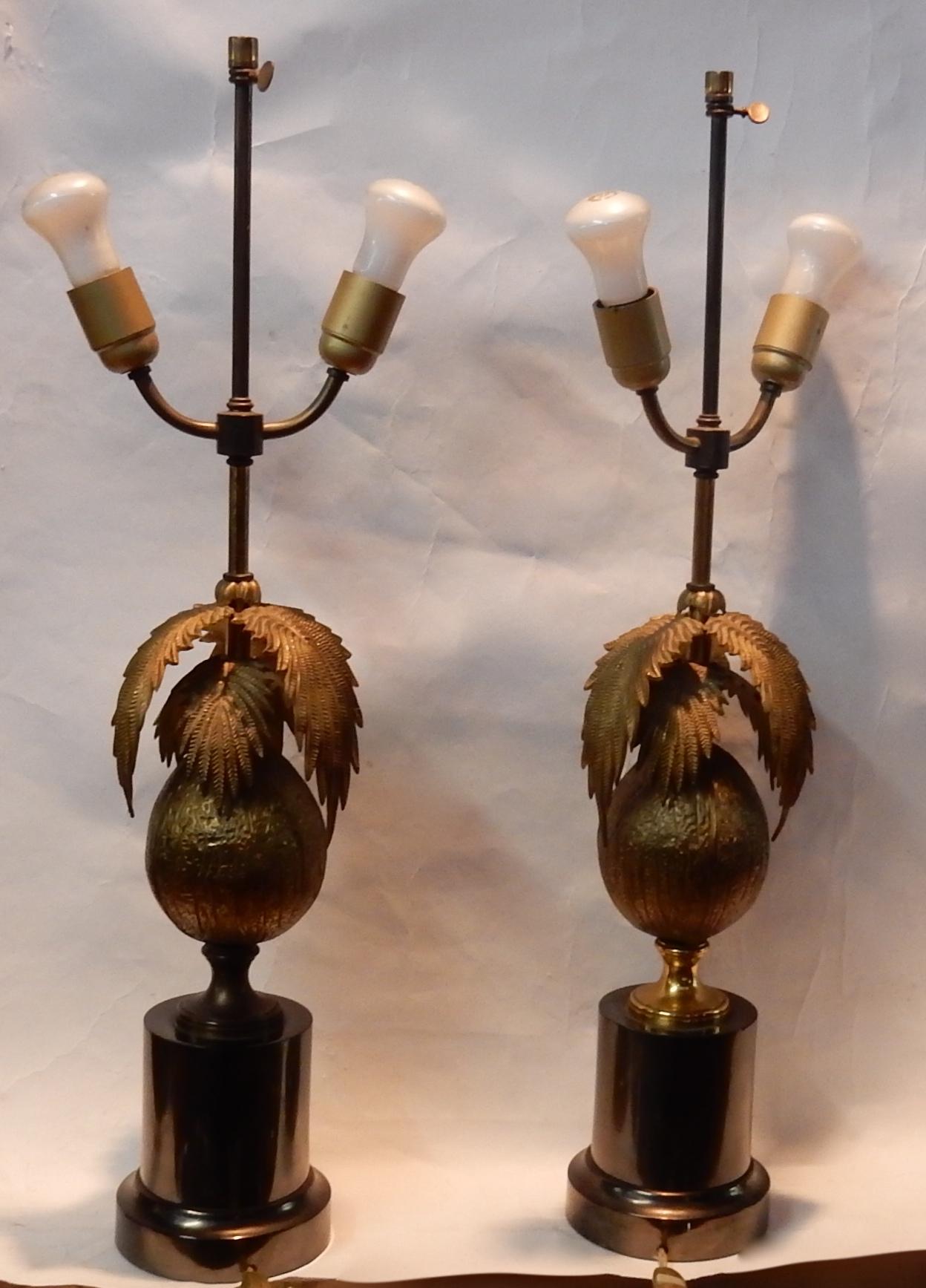 1970 Pair of Lamps Palm or Coconut Tree with Coconut Style Jansen or Charles For Sale 1