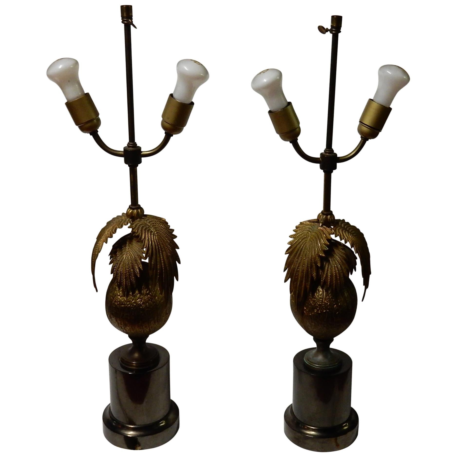 1970 Pair of Lamps Palm or Coconut Tree with Coconut Style Jansen or Charles