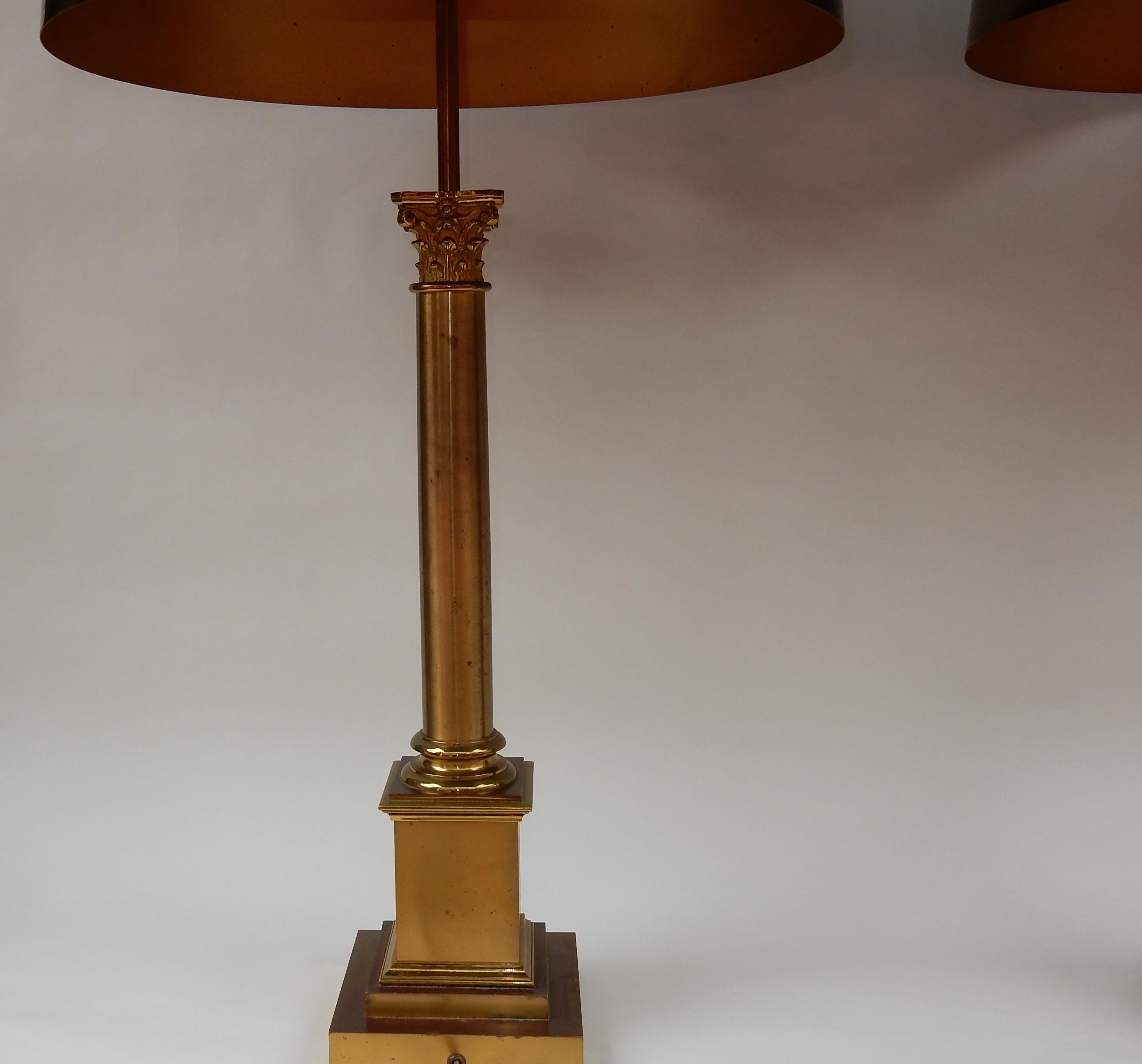 Gilt 1970 Pair of Lamps with Corinthian Columns in Brass and Bronze Signed Charles