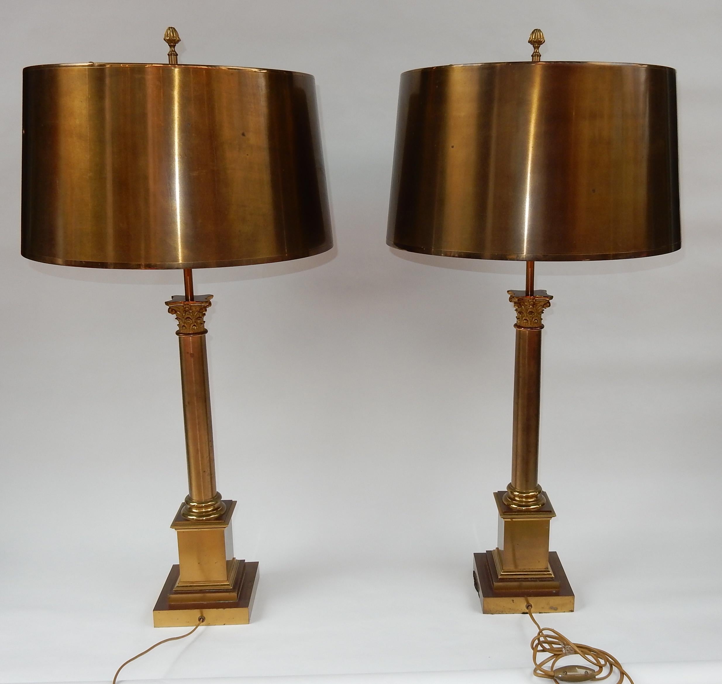 1970 Pair of Lamps with Corinthian Columns in Brass and Bronze Signed Charles 1