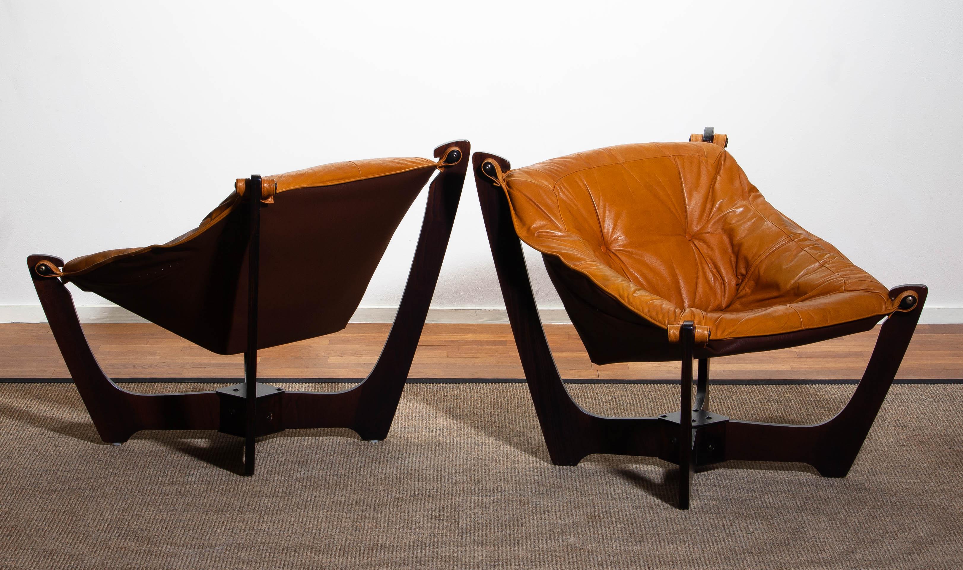 1970 Pair of Leather Lounge Chairs by Odd Knutsen for Hjellegjerde Møbler Norway 1