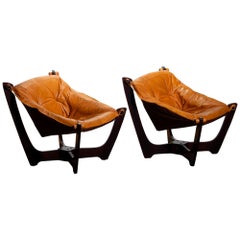 1970 Pair of Leather Lounge Chairs by Odd Knutsen for Hjellegjerde Møbler Norway