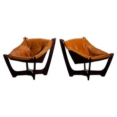 Vintage 1970 Pair of Leather Lounge Chairs by Odd Knutsen for Hjellegjerde Møbler Norway