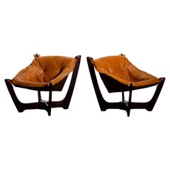 1970 Pair of Leather Lounge Chairs by Odd Knutsen for Hjellegjerde Møbler Norway