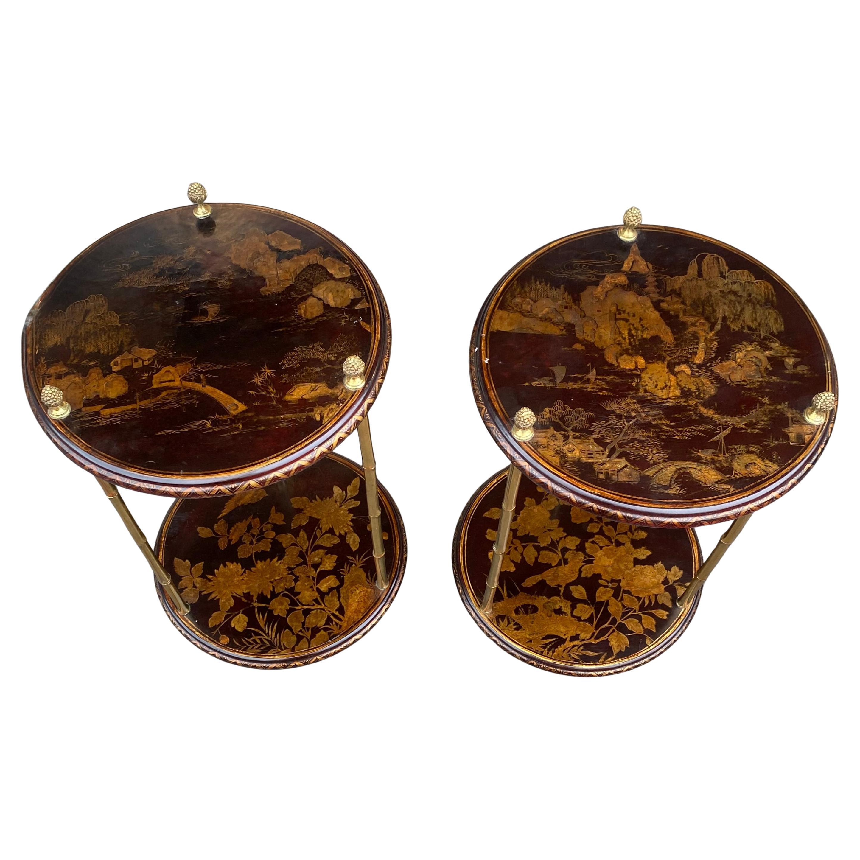 1970′ Coppia di tavolini con piedistallo Maison Baguès in bambù e bronzo dorato in vendita