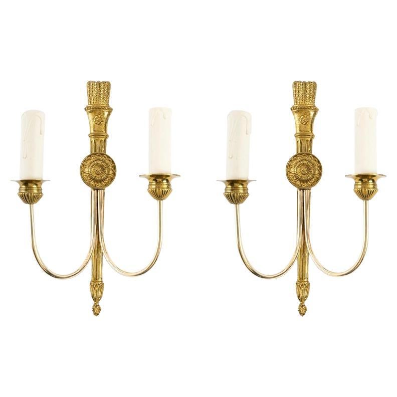 1970 Pair of Neoclassical Bronze Wall Lights Maison Roche For Sale
