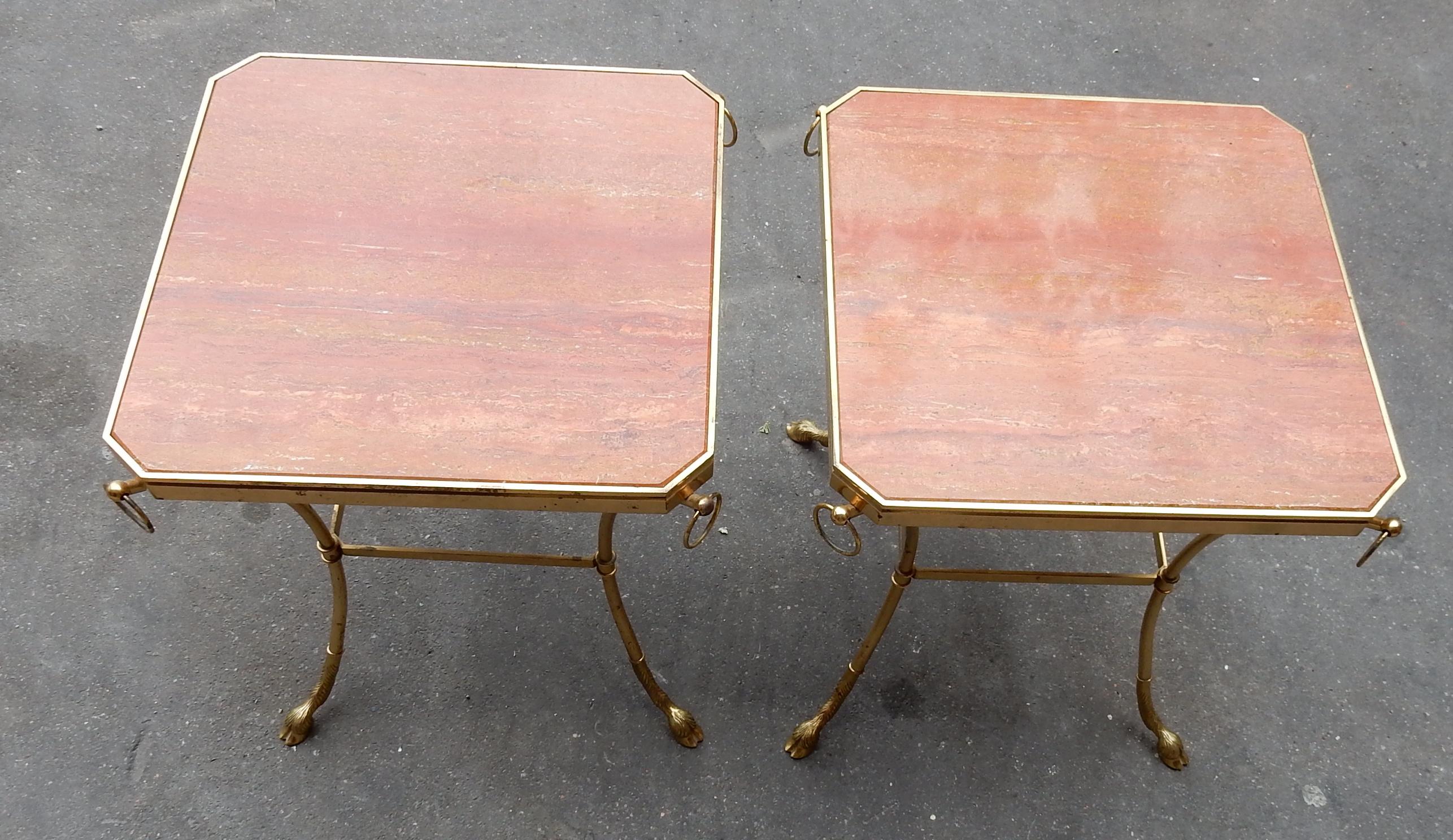 Pair of octagonal pedestal gilt bronze with rings in belt and crowbars, trays in red travertine of Iran, Sticker Jacques Charpentier, designer of Maison Jansen and Roche Bobois, everything is screw, Good condition, circa 1950-1970.