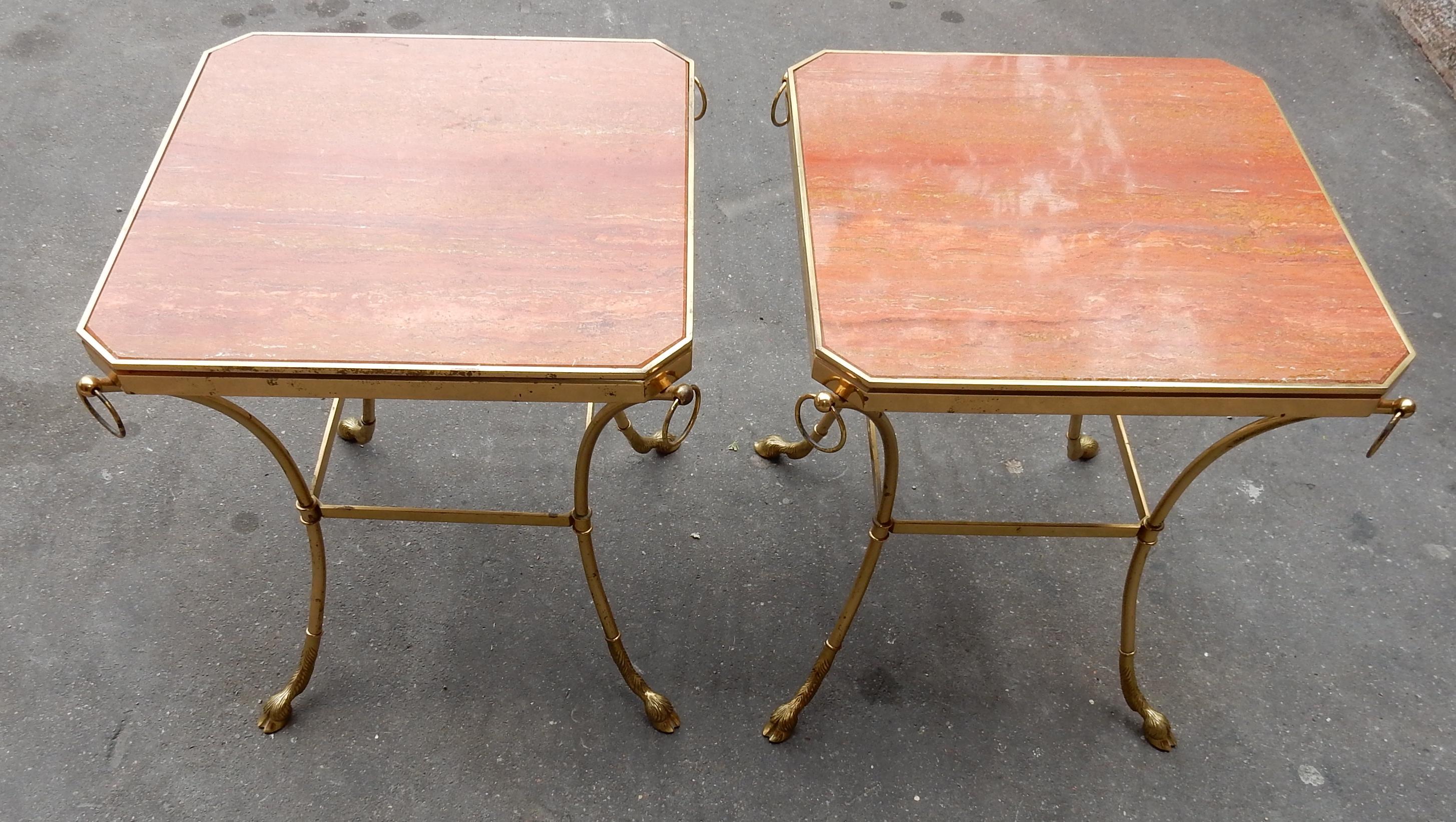 Art Deco 1970 Pair of Octagonal Pedestals Jacques Charpentier and Red Travertine of Iran
