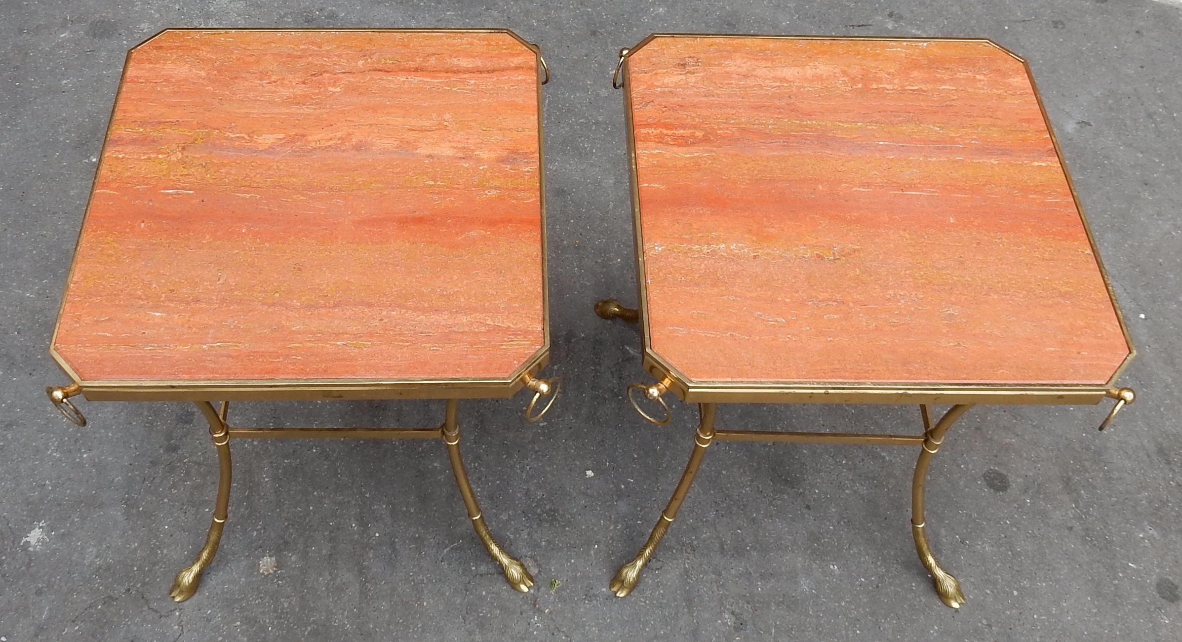 Bronze 1970 Pair of Octagonal Pedestals Jacques Charpentier and Red Travertine of Iran For Sale