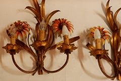 1970 Pair of Painted Metal Sconces with Sunflower Decor 3 Arms of Light