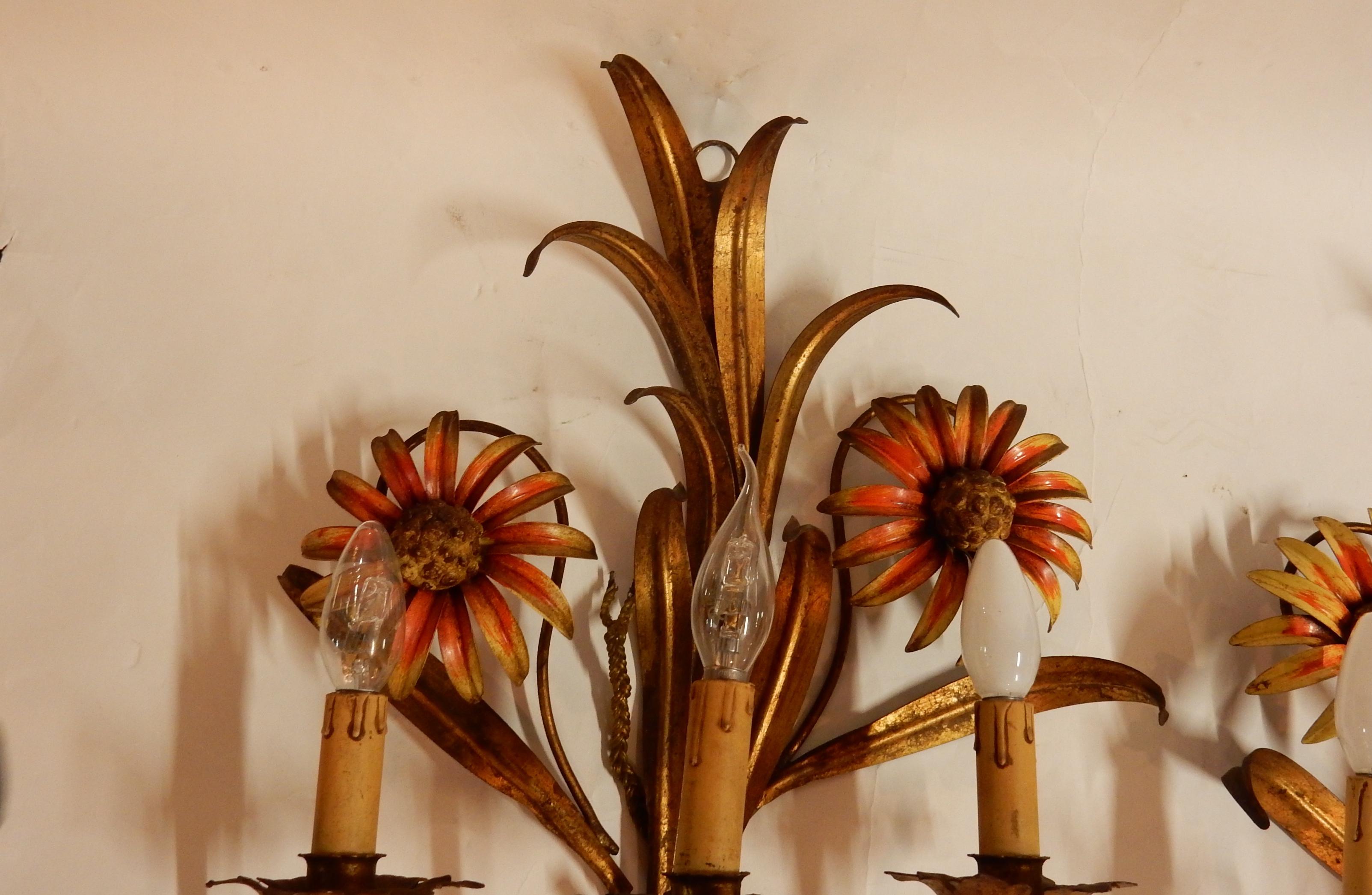 Brutalist 1970 Pair of Painted Metal Sconces with Sunflower Decor 3 Arms of Light For Sale