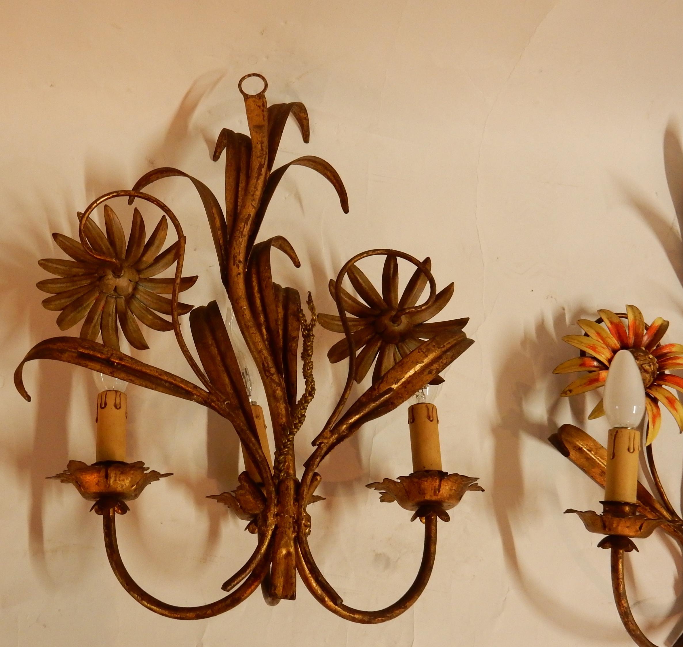 French 1970 Pair of Painted Metal Sconces with Sunflower Decor 3 Arms of Light For Sale