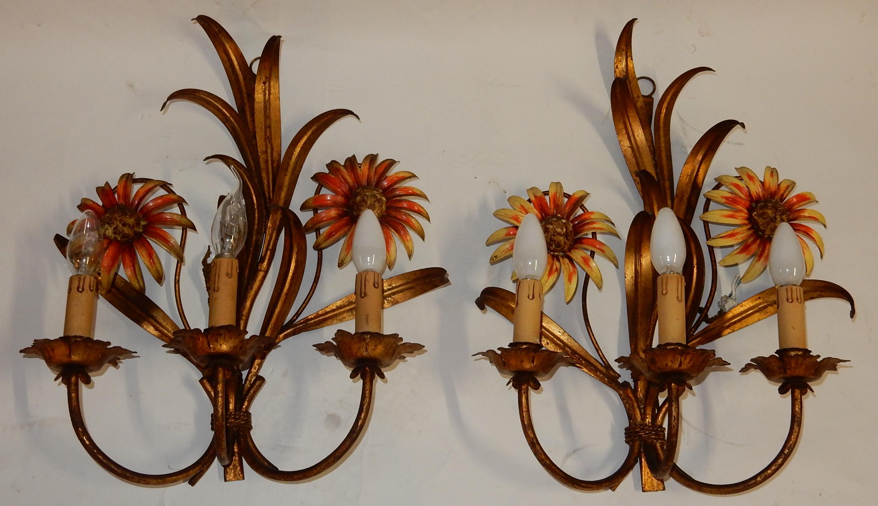 Mid-20th Century 1970 Pair of Painted Metal Sconces with Sunflower Decor 3 Arms of Light For Sale