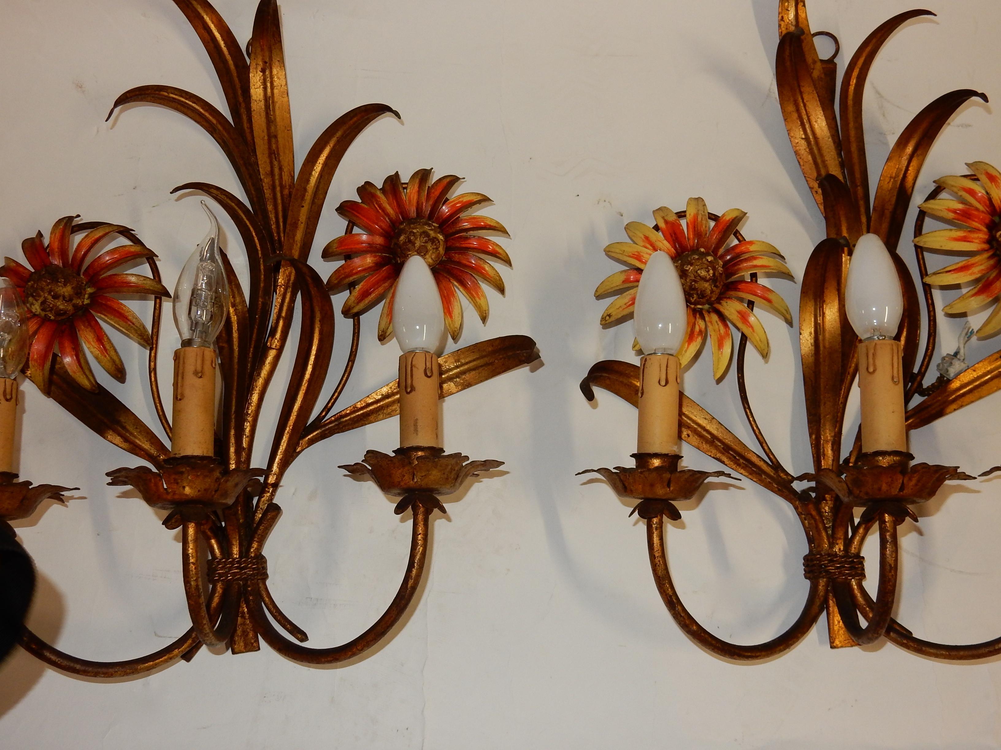 Iron 1970 Pair of Painted Metal Sconces with Sunflower Decor 3 Arms of Light For Sale