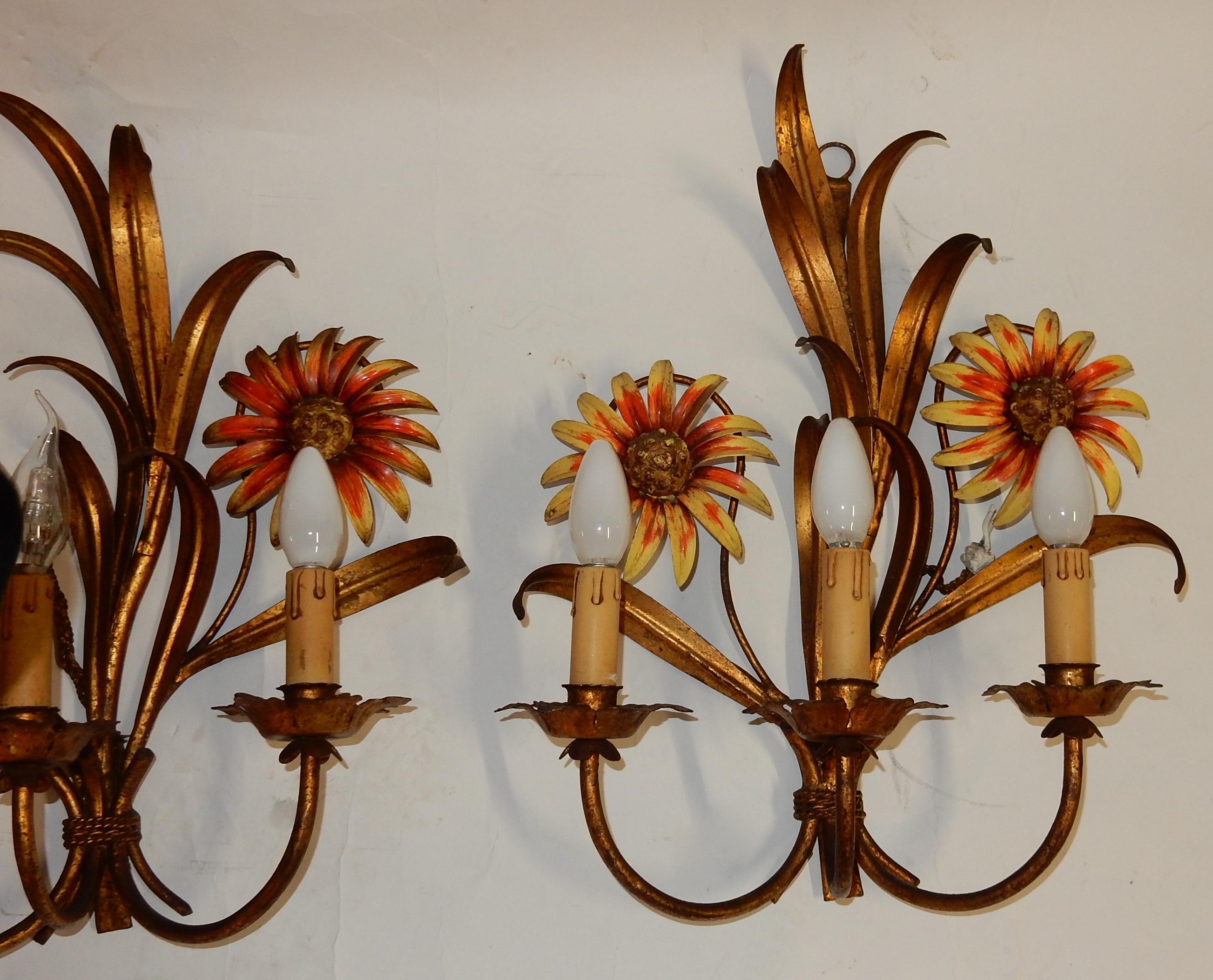 1970 Pair of Painted Metal Sconces with Sunflower Decor 3 Arms of Light For Sale 1