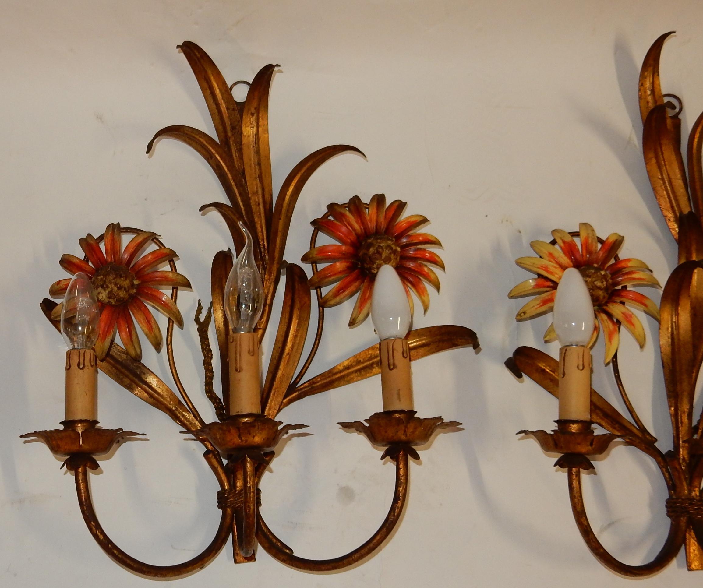 1970 Pair of Painted Metal Sconces with Sunflower Decor 3 Arms of Light For Sale 2