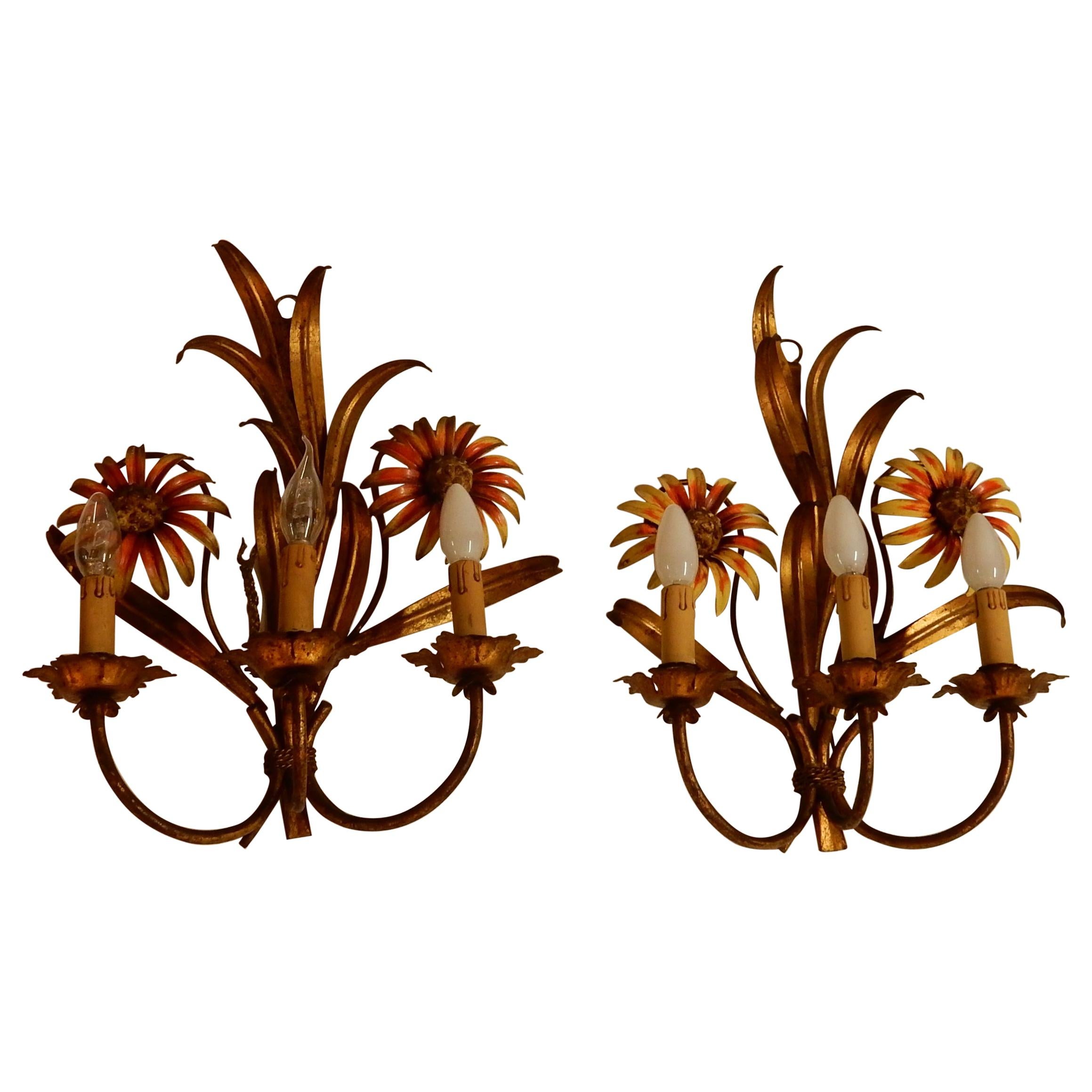 1970 Pair of Painted Metal Sconces with Sunflower Decor 3 Arms of Light For Sale