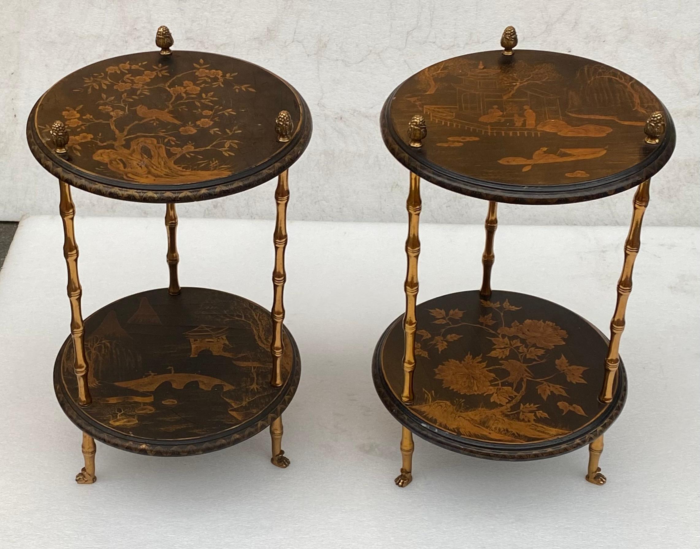 1970′ Pair Of Pedestal Tables Or Similar Style Maison Baguès Tops China Lacq In Good Condition In Paris, FR