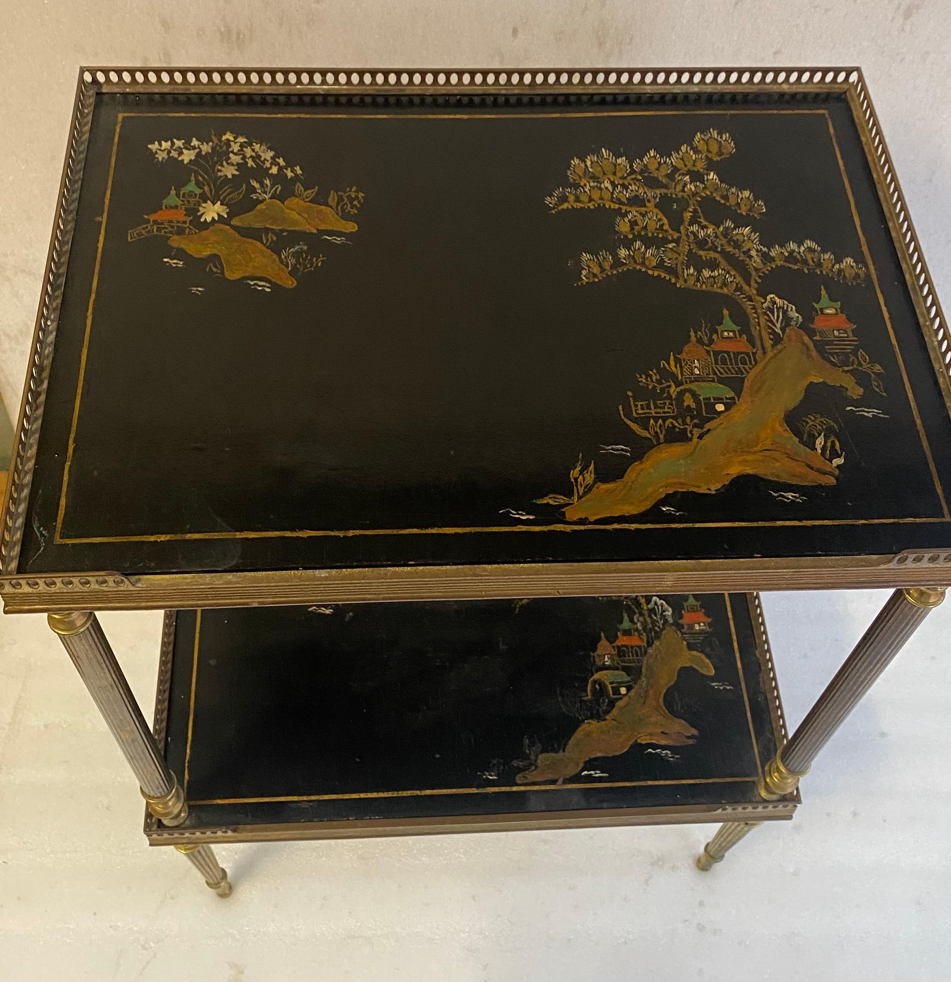 1970′ Pair of Rectangular Bronze Side Tables Maison Jansen Chinese Lacquer Trays For Sale 5