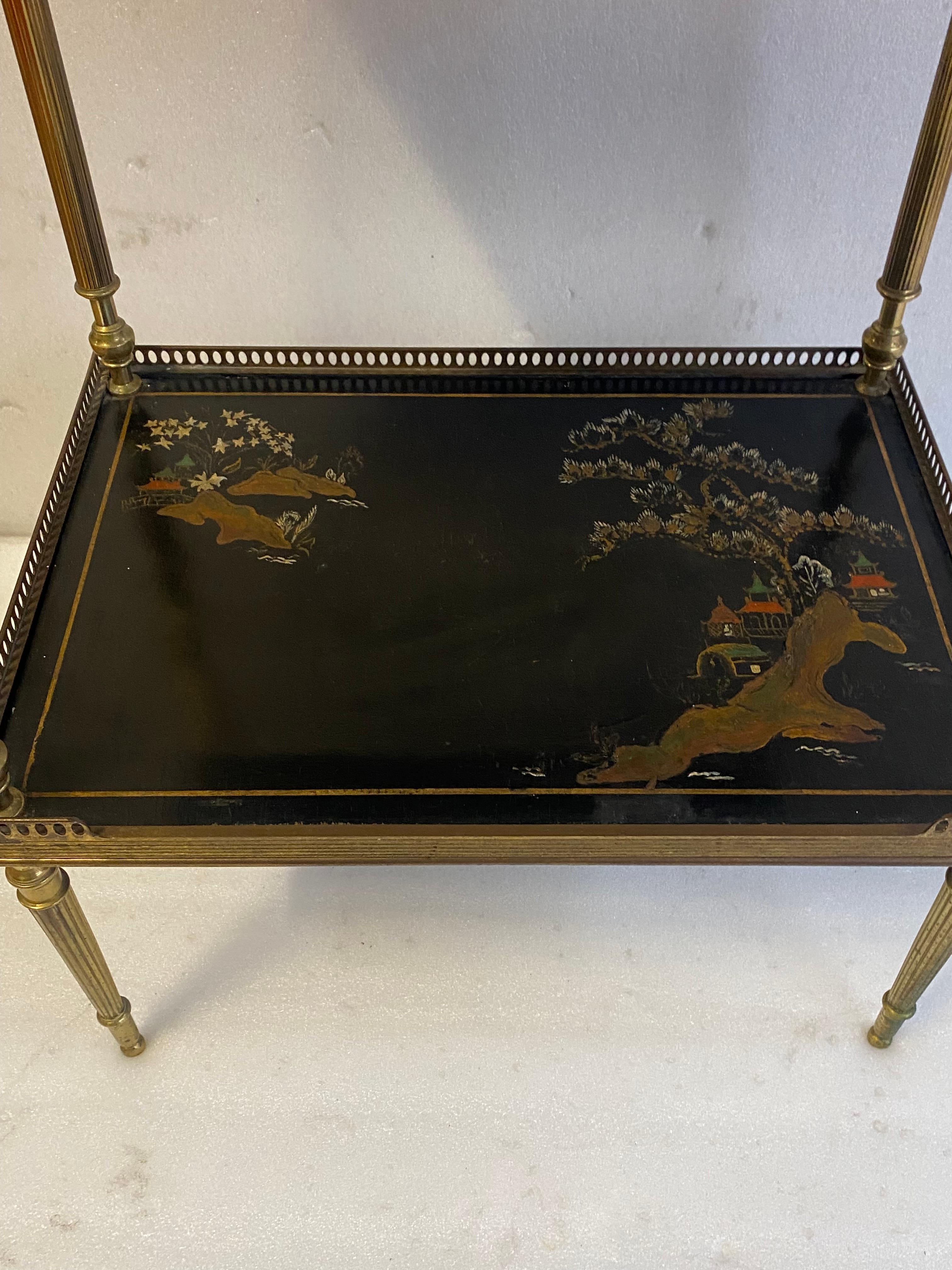 1970′ Pair of Rectangular Bronze Side Tables Maison Jansen Chinese Lacquer Trays For Sale 6