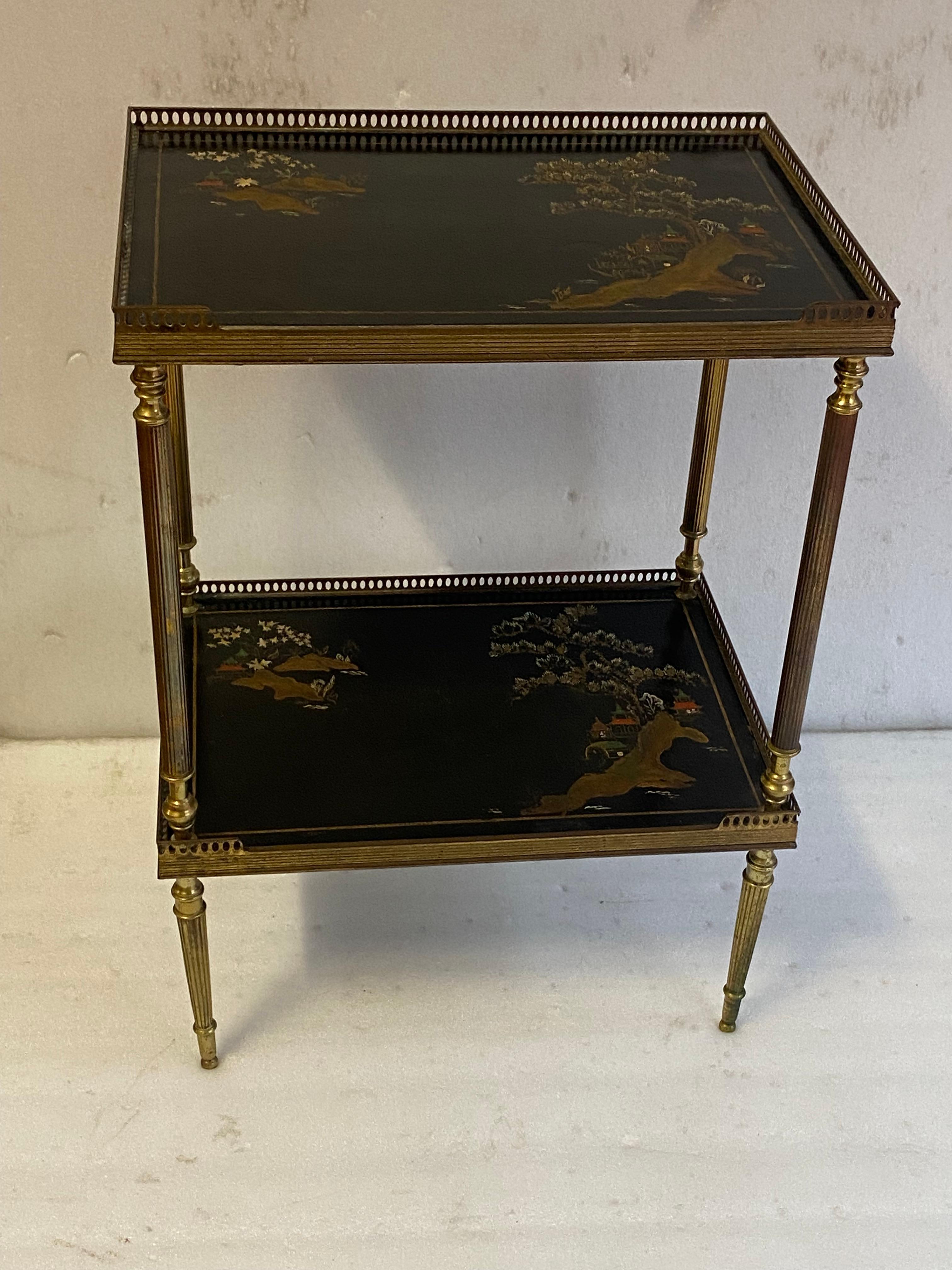 1970′ Pair of Rectangular Bronze Side Tables Maison Jansen Chinese Lacquer Trays For Sale 7